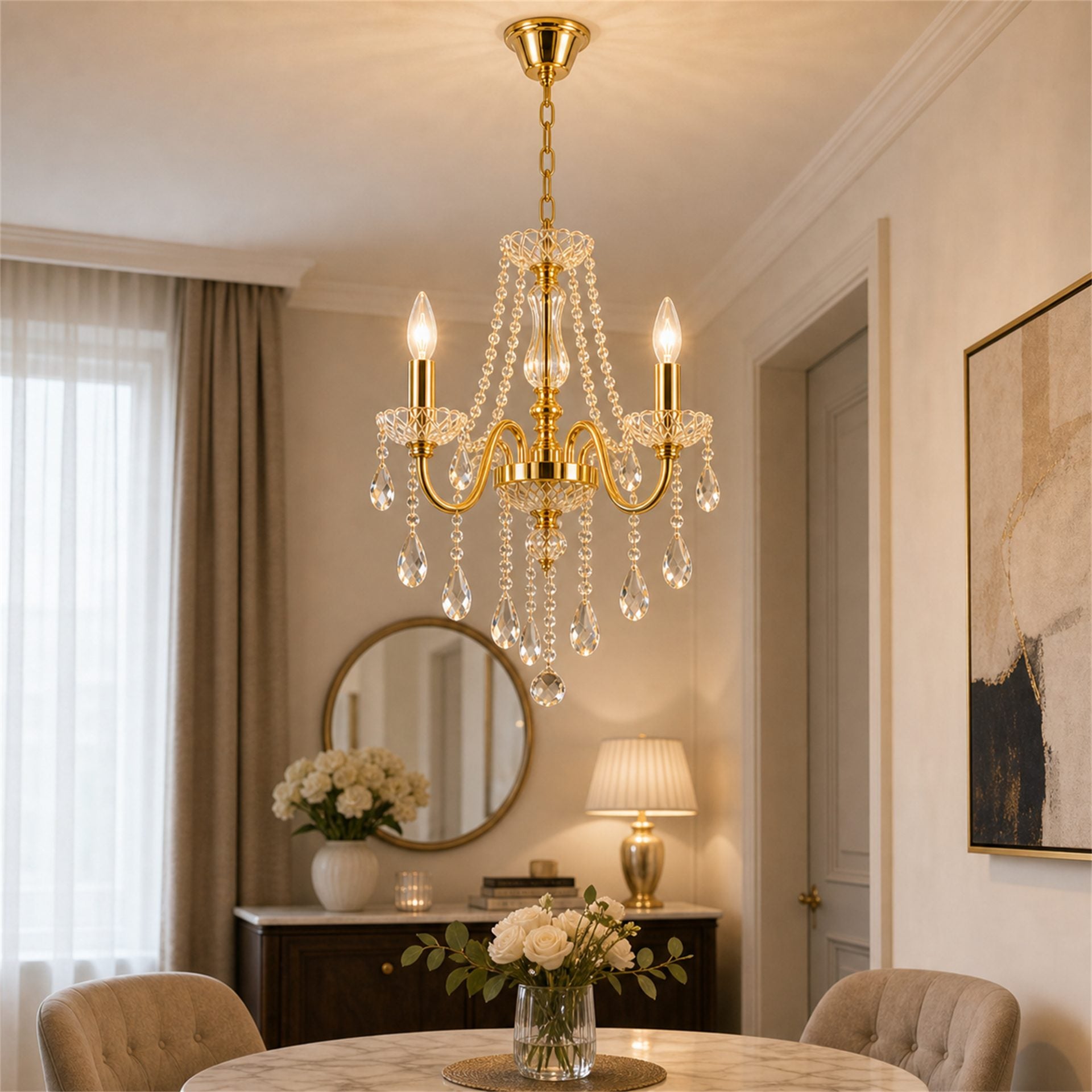 Candelabru Cristal VECTORIA Petito 3xE14, Diametru 28cm, Auriu, Inaltime Reglabila, Metal si Cristal