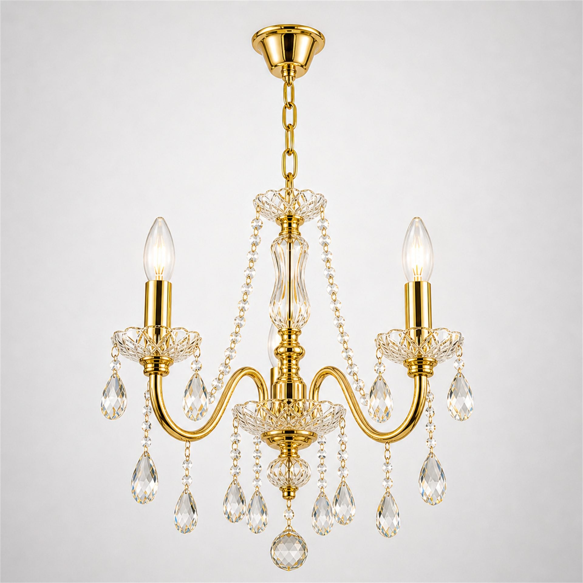 Candelabru Cristal VECTORIA Petito 3xE14, Diametru 28cm, Auriu, Inaltime Reglabila, Metal si Cristal