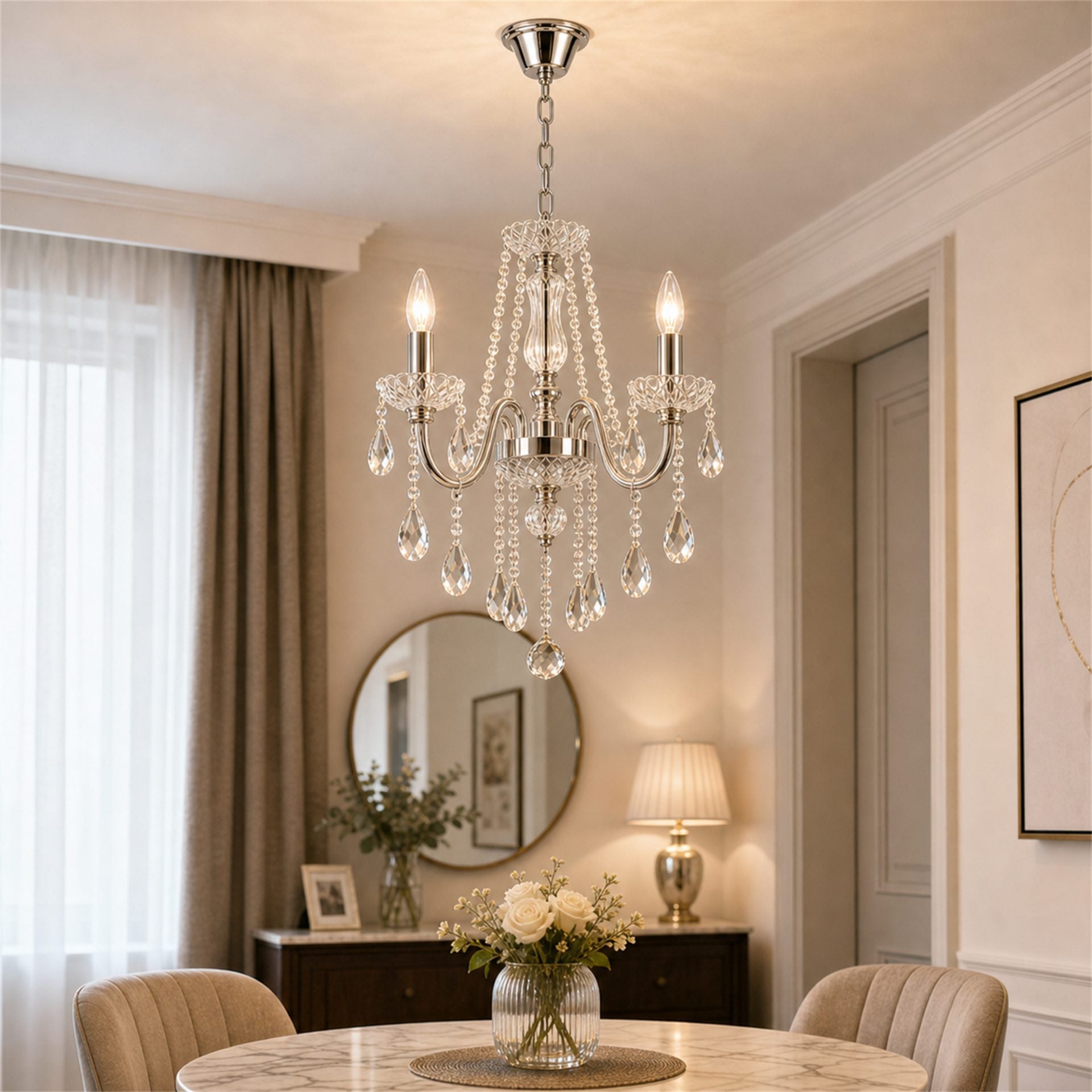 Candelabru Cristal VECTORIA Petito 3xE14, Diametru 28cm, Crom Lucios, Inaltime Reglabila, Metal si Cristal
