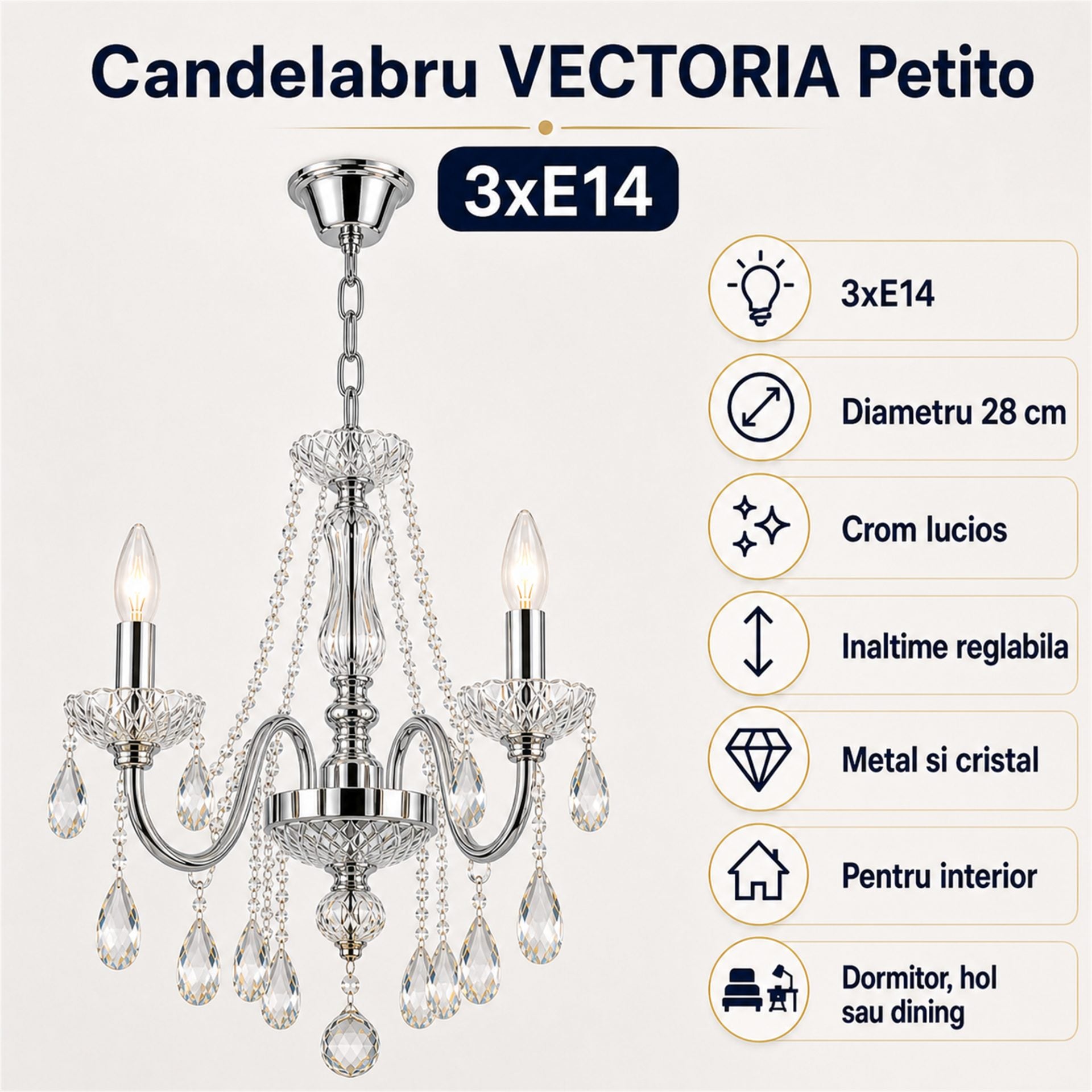 Candelabru Cristal VECTORIA Petito 3xE14, Diametru 28cm, Crom Lucios, Inaltime Reglabila, Metal si Cristal
