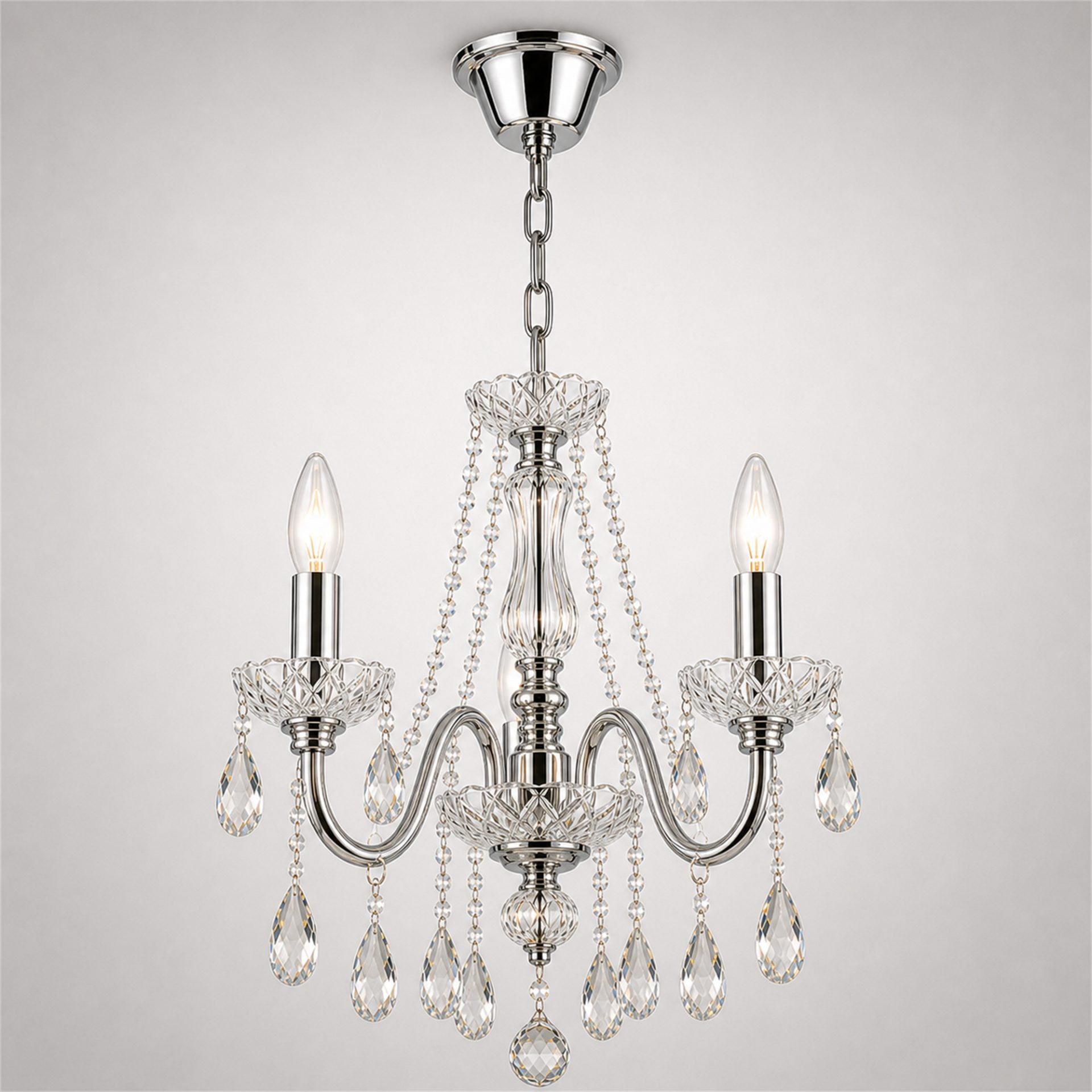 Candelabru Cristal VECTORIA Petito 3xE14, Diametru 28cm, Crom Lucios, Inaltime Reglabila, Metal si Cristal