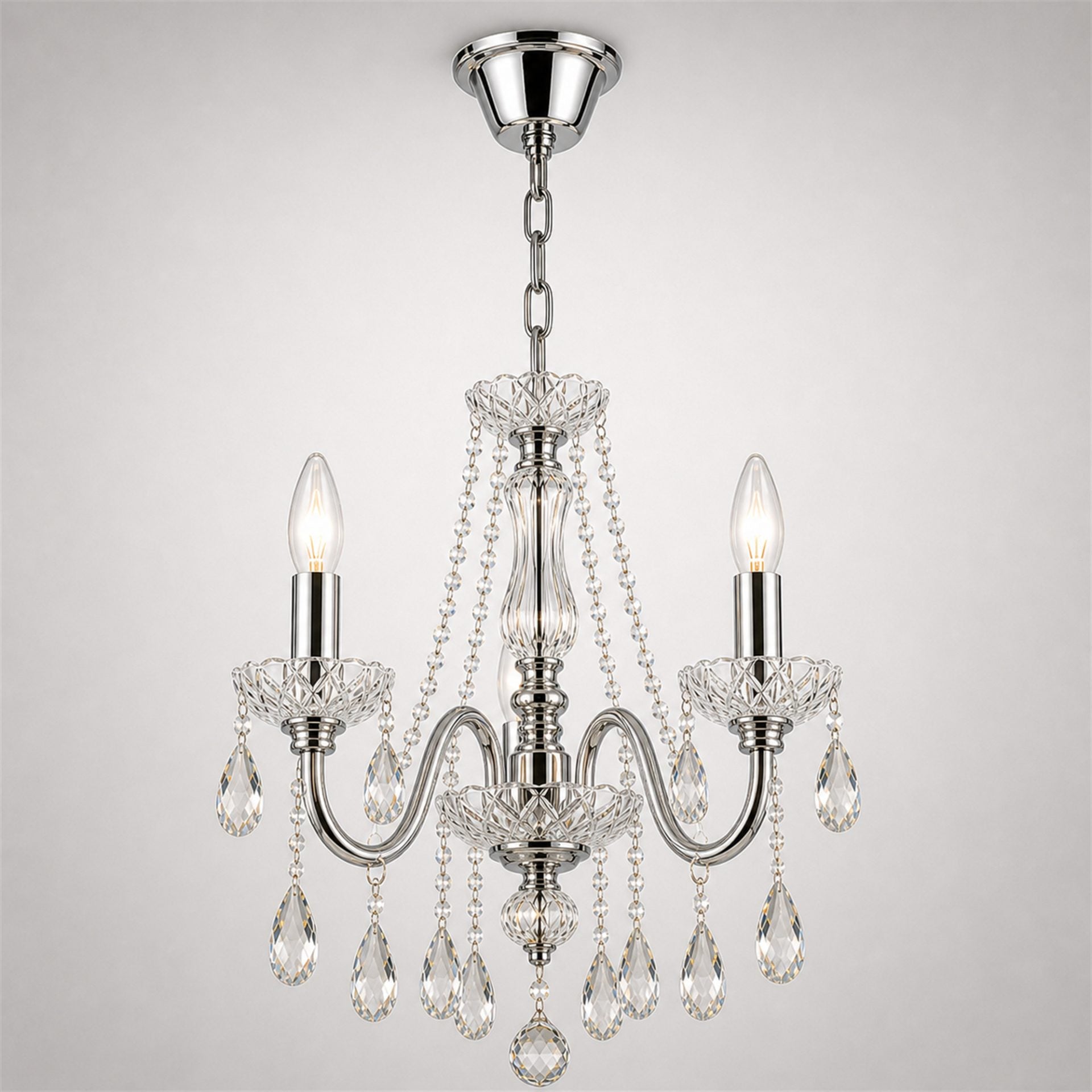 Candelabru Cristal VECTORIA Petito 3xE14, Diametru 28cm, Crom Lucios, Inaltime Reglabila, Metal si Cristal