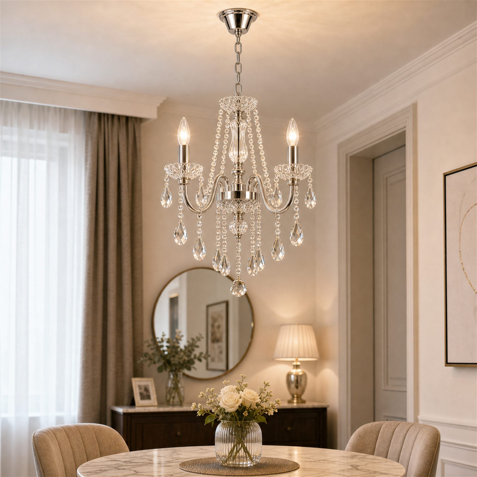 Candelabru Cristal VECTORIA Petito 3xE14, Diametru 28cm, Crom Lucios, Inaltime Reglabila, Metal si Cristal
