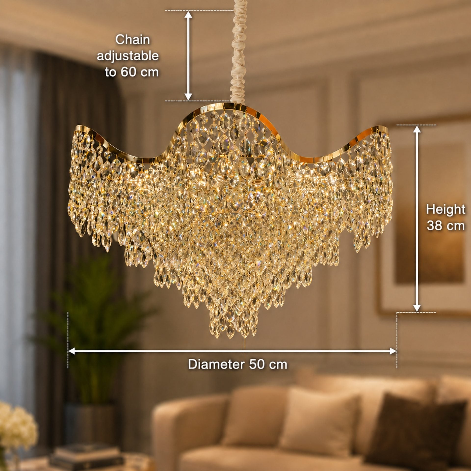 Candelabru Cristal VELOURA Eleganza 9xE14, D50 cm, Auriu, Inaltime Reglabila, Metal si Cristal