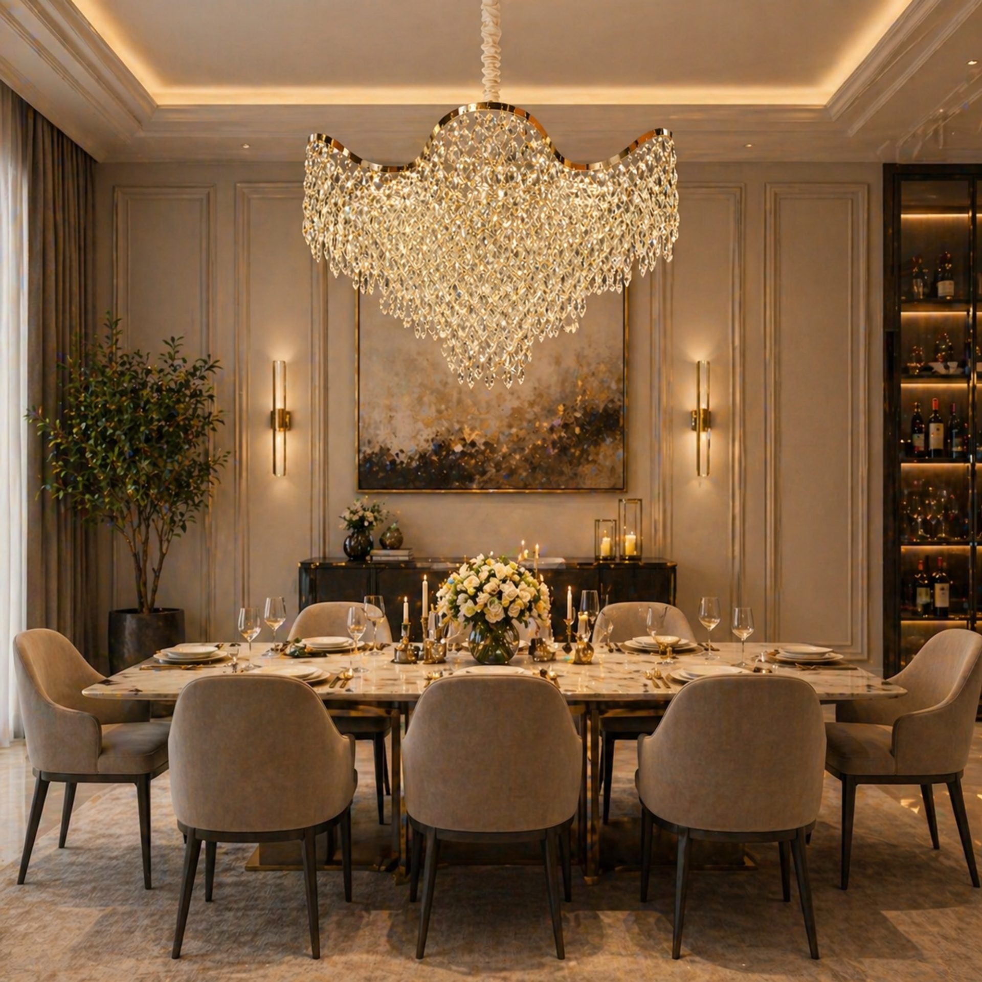 Candelabru Cristal VELOURA Eleganza 9xE14, D50 cm, Auriu, Inaltime Reglabila, Metal si Cristal