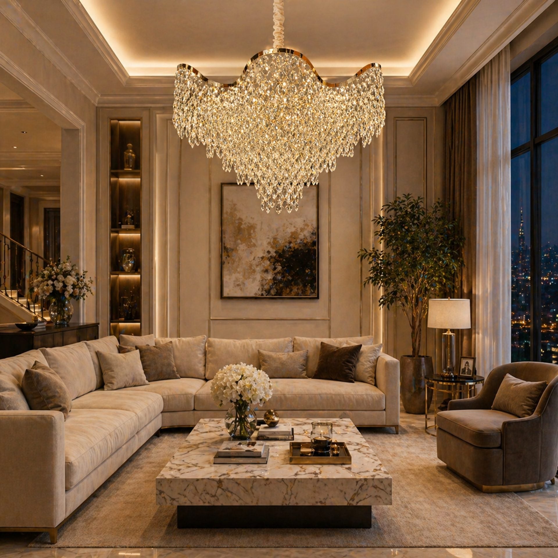 Candelabru Cristal VELOURA Regalis 22xE14, D80 cm, Auriu, Inaltime Reglabila, Metal si Cristal