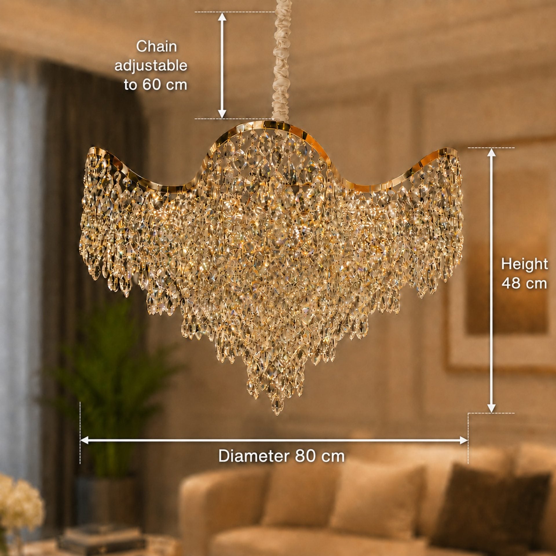 Candelabru Cristal VELOURA Regalis 22xE14, D80 cm, Auriu, Inaltime Reglabila, Metal si Cristal