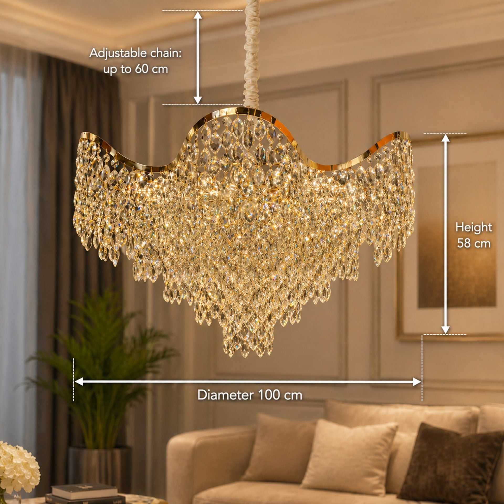 Candelabru Cristal VELOURA Supremo 28xE14, D100 cm, Auriu, Inaltime Reglabila, Metal si Cristal