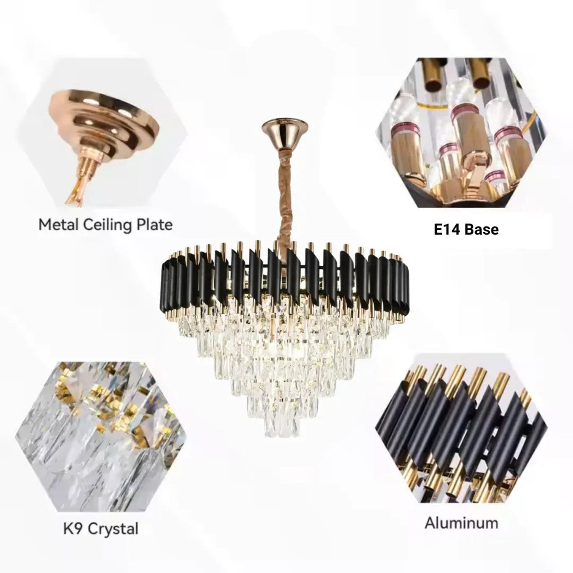 Candelabru Cristal VERSAILLES Magno 8xE14, Diametru 60cm, Negru si Auriu, Inaltime Reglabila