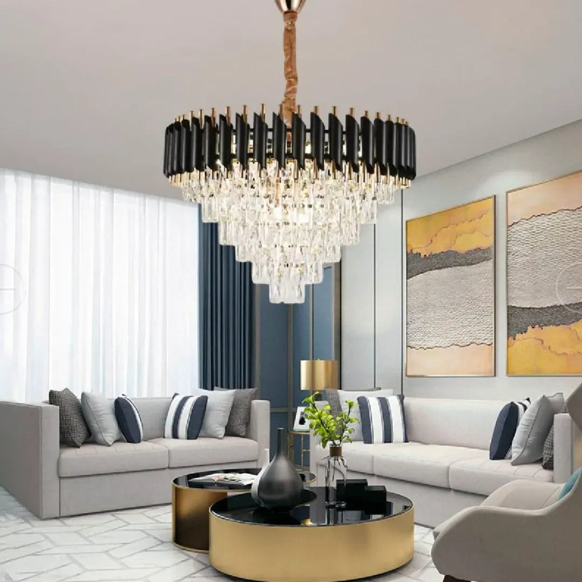 Candelabru Cristal VERSAILLES Magno 8xE14, Diametru 60cm, Negru si Auriu, Inaltime Reglabila