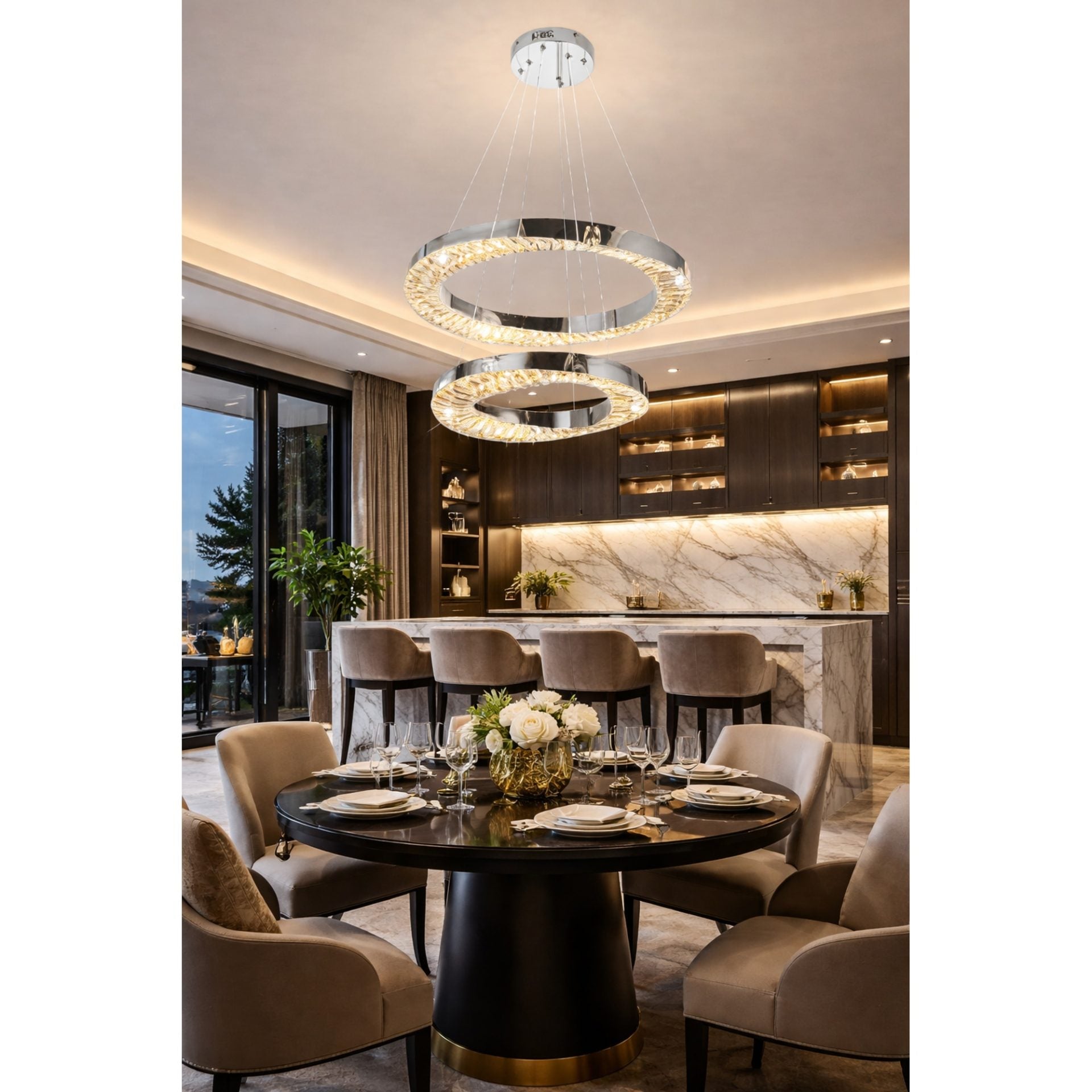 Candelabru LED cu Telecomanda, 196W, HALO Magno, Diametru 40+60 cm, Inaltime 120 cm, IP20, Lumina Rece/Neutra/Calda, Dimabila, Crom, Cristal, Metal