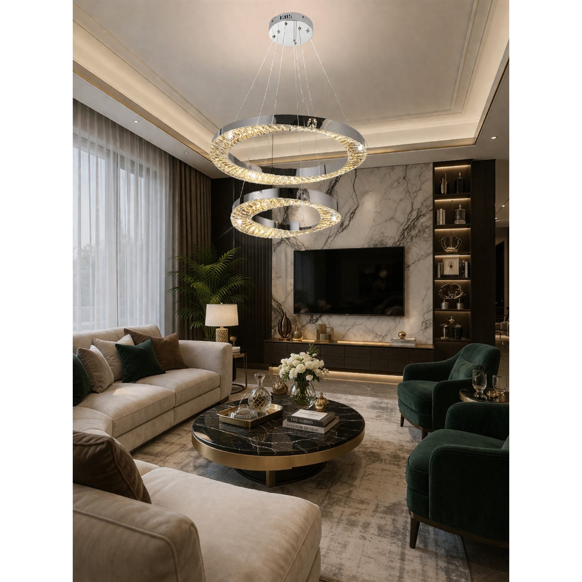 Candelabru LED cu Telecomanda, 196W, HALO Magno, Diametru 40+60 cm, Inaltime 120 cm, IP20, Lumina Rece/Neutra/Calda, Dimabila, Crom, Cristal, Metal
