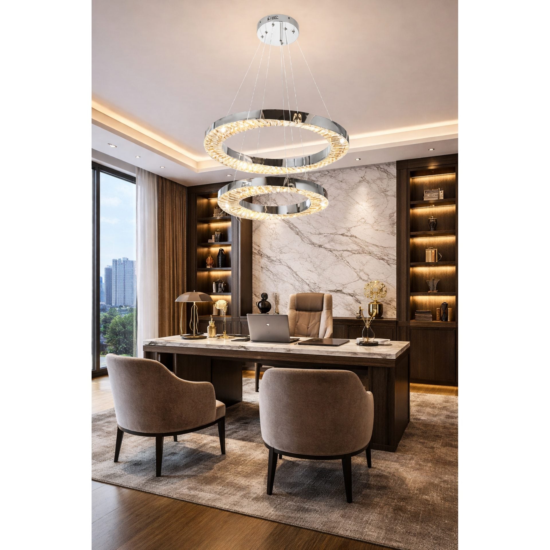 Candelabru LED cu Telecomanda, 196W, HALO Magno, Diametru 40+60 cm, Inaltime 120 cm, IP20, Lumina Rece/Neutra/Calda, Dimabila, Crom, Cristal, Metal