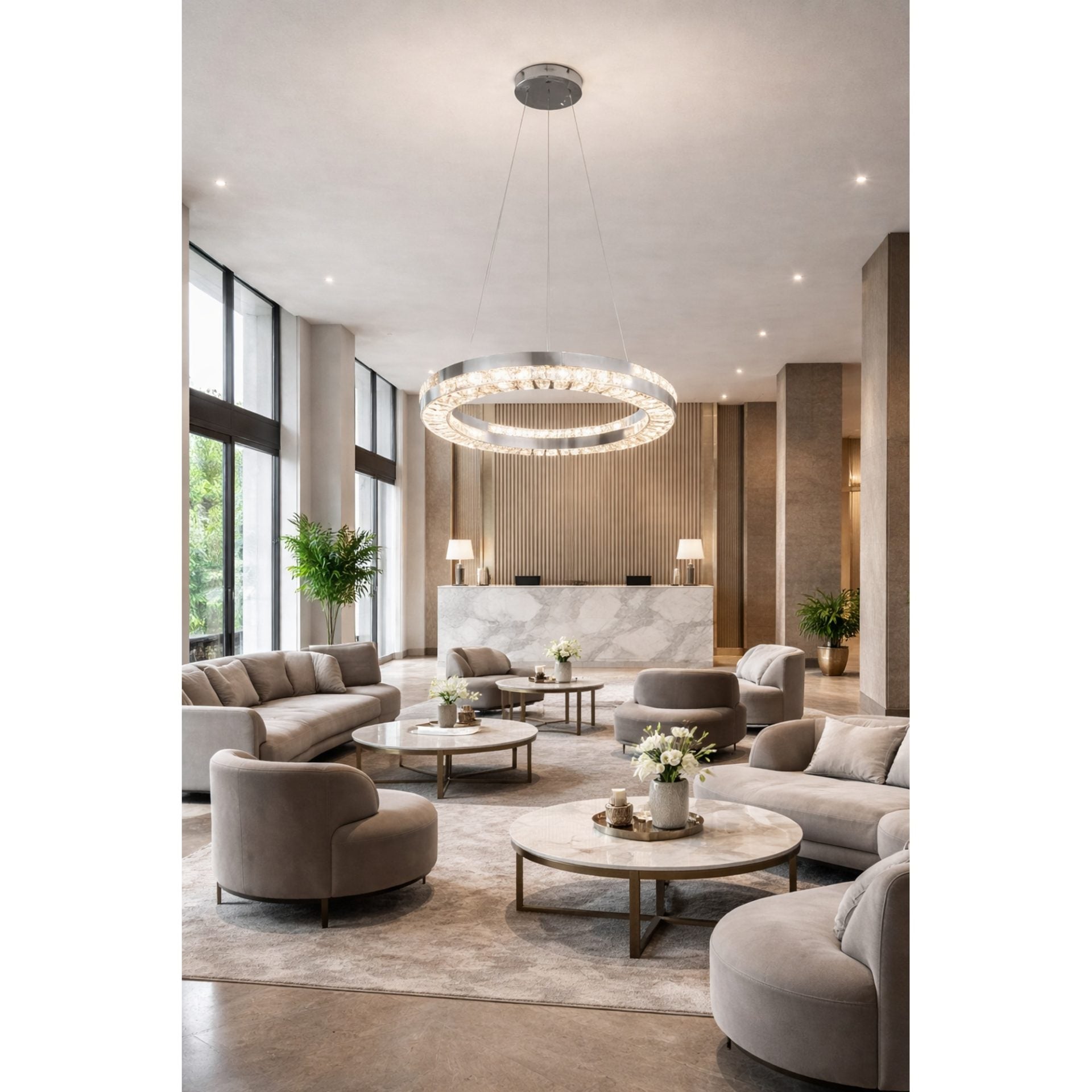 Candelabru LED cu Telecomanda, 60W, POLAR, Diametru 50 cm, Inaltime 120 cm, Lumina Rece/Neutra/Calda, Dimabila, Argintiu, Cristal, Metal