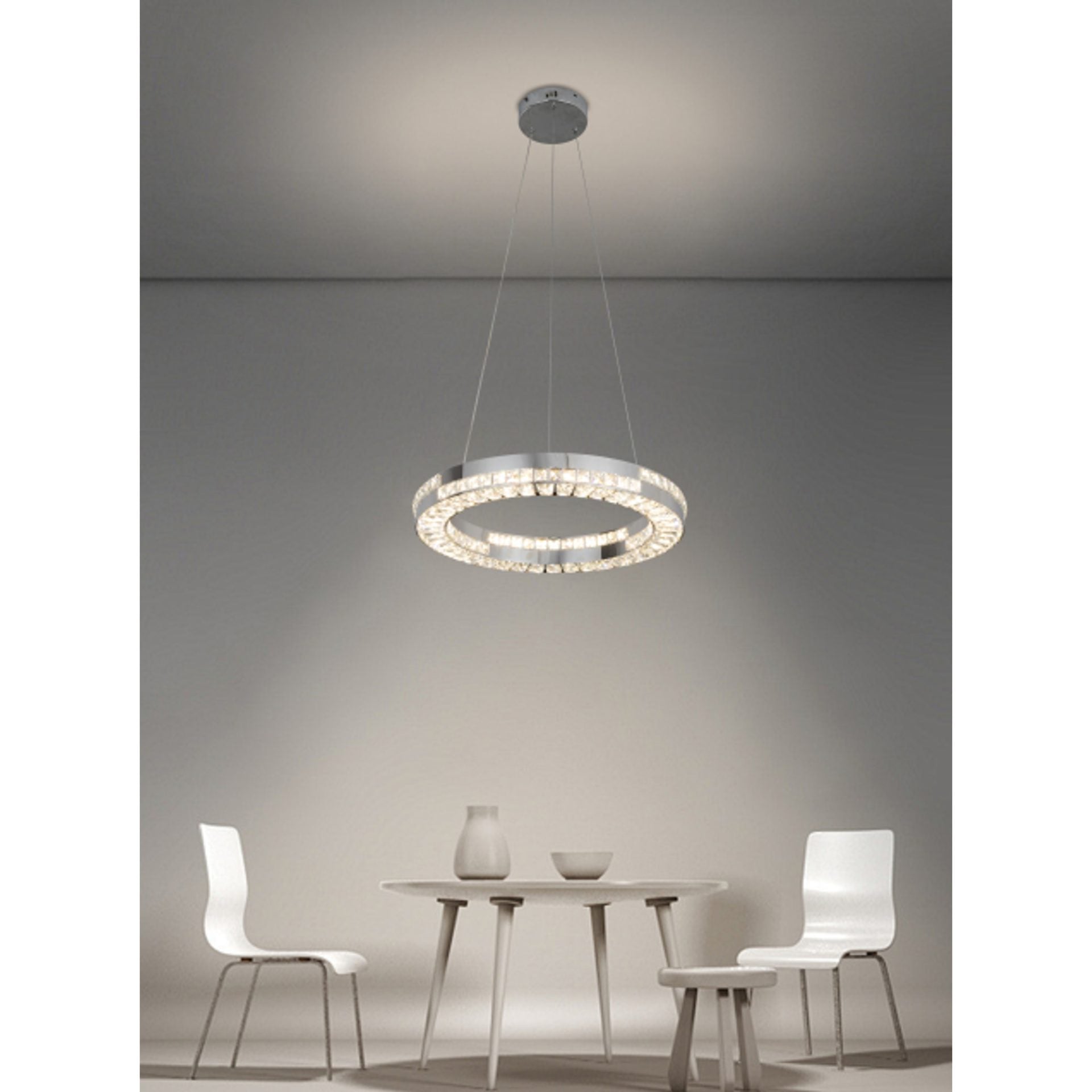 Candelabru LED cu Telecomanda, 60W, POLAR, Diametru 50 cm, Inaltime 120 cm, Lumina Rece/Neutra/Calda, Dimabila, Argintiu, Cristal, Metal