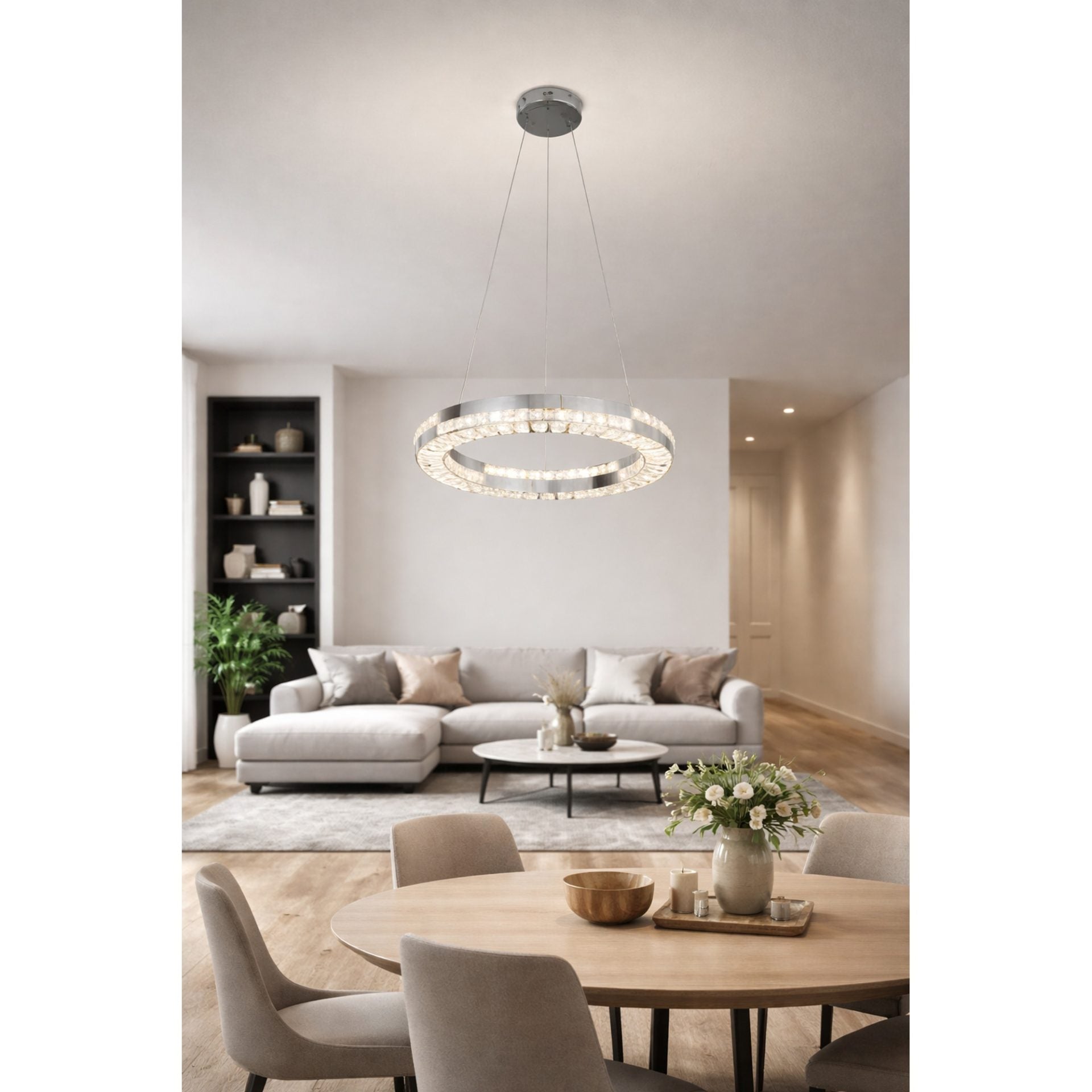 Candelabru LED cu Telecomanda, 60W, POLAR, Diametru 50 cm, Inaltime 120 cm, Lumina Rece/Neutra/Calda, Dimabila, Argintiu, Cristal, Metal