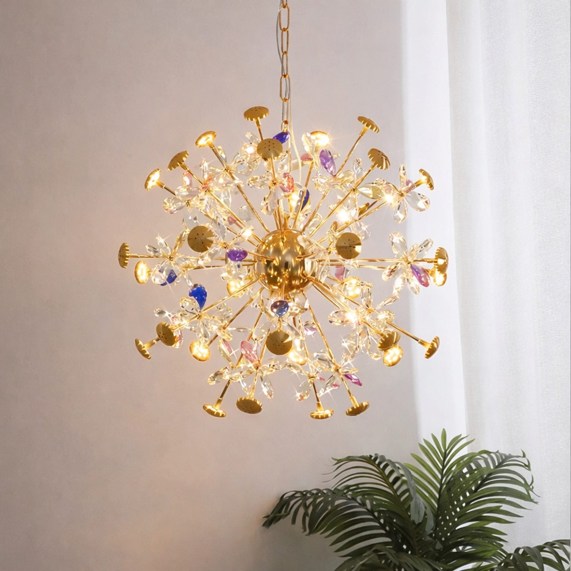 Candelabru Modern cu Cristal, FloraLux, 32xG4, Auriu si Cristale, 54.5cm, Inaltime Reglabila, Metal si Cristal
