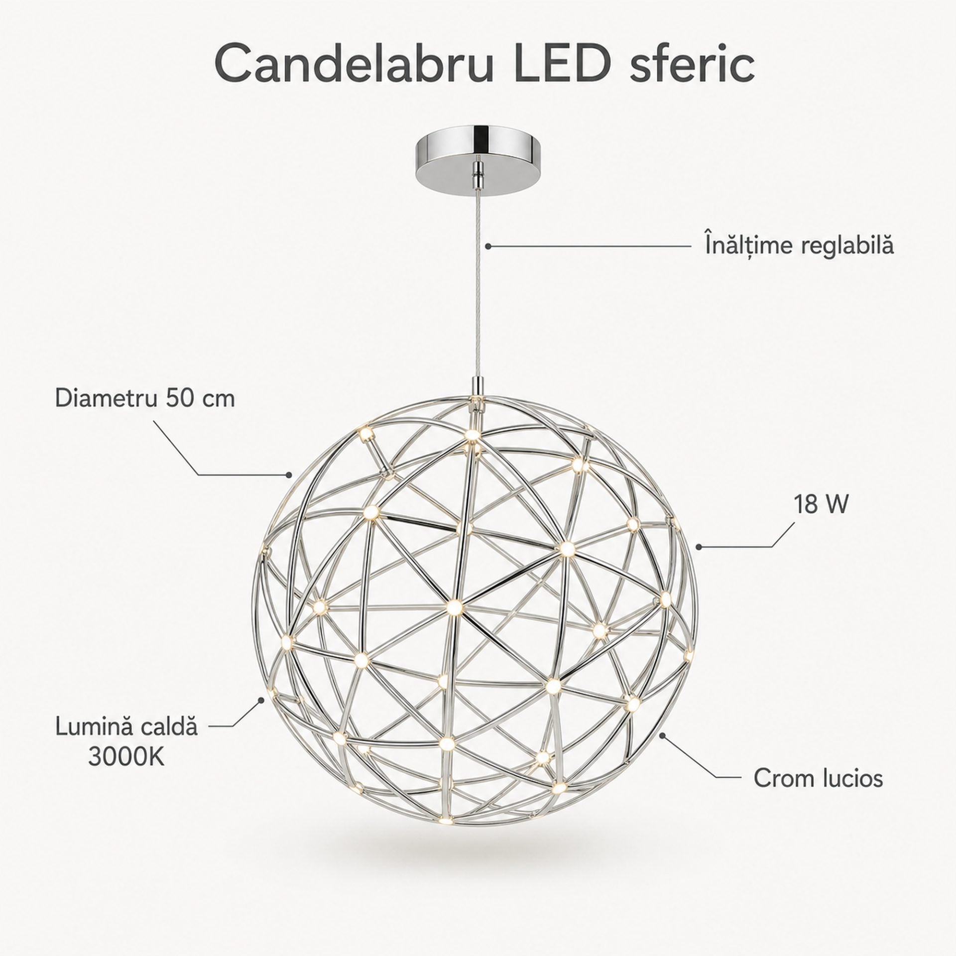 Candelabru Modern LED WELD Magno, 18W, Lumina Calda 3000K, Diametru 50cm, Inaltime Reglabila, Crom Lucios