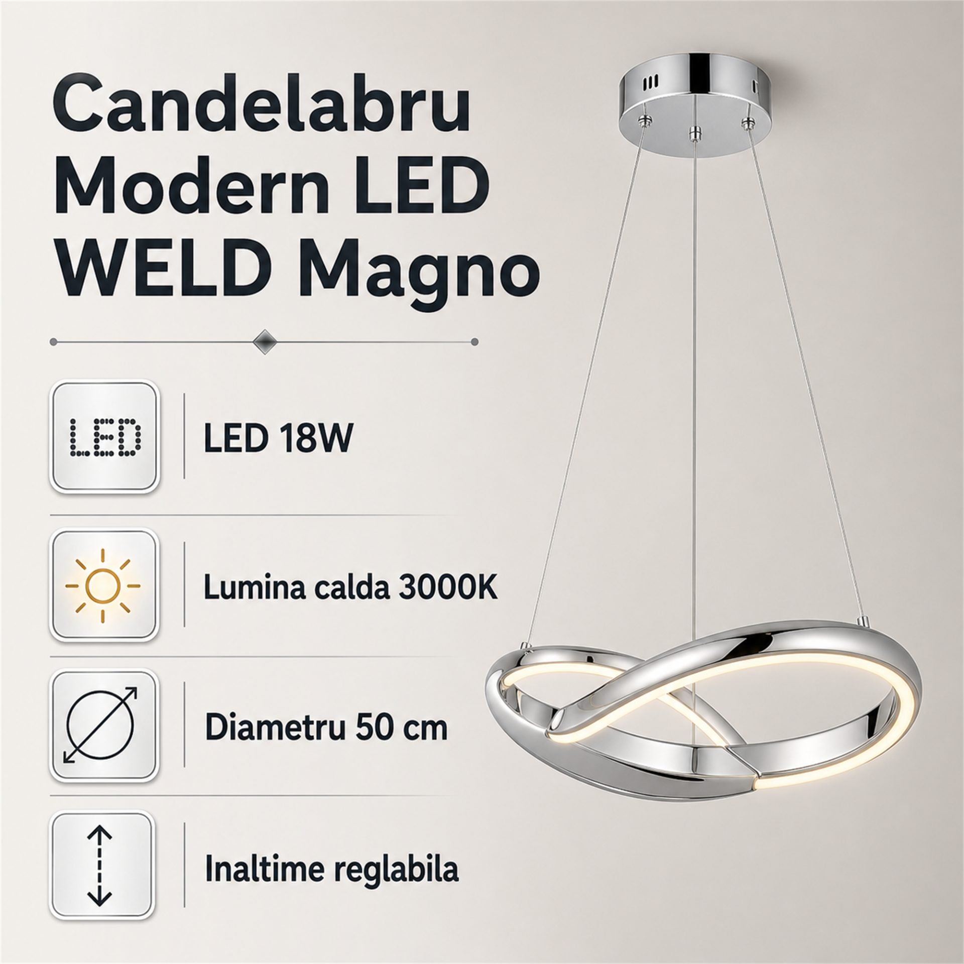 Candelabru Modern LED WELD Magno, 18W, Lumina Calda 3000K, Diametru 50cm, Inaltime Reglabila, Crom Lucios