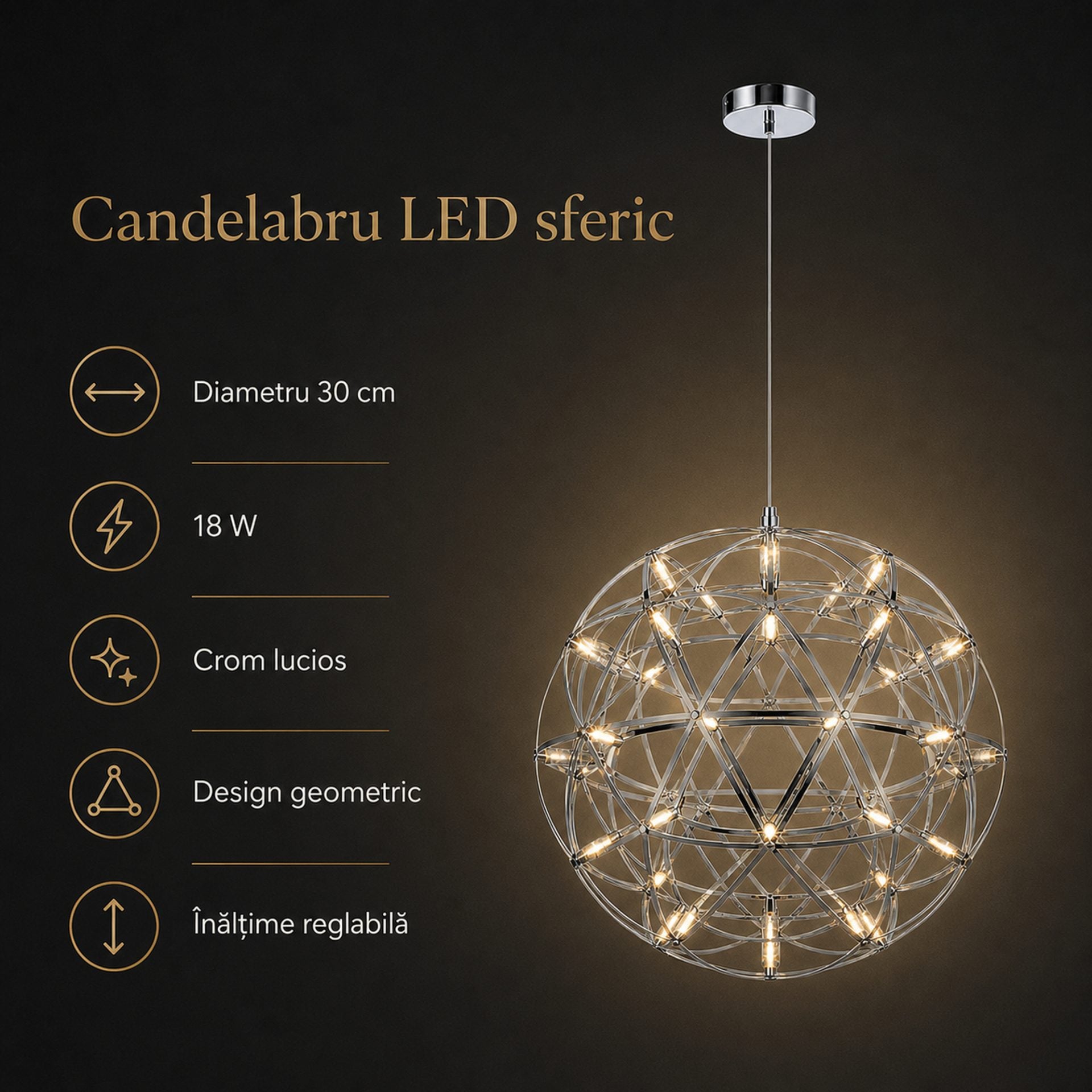 Candelabru Modern LED WELD Petito, 18W, Diametru 30cm, Inaltime Reglabila, Crom Lucios