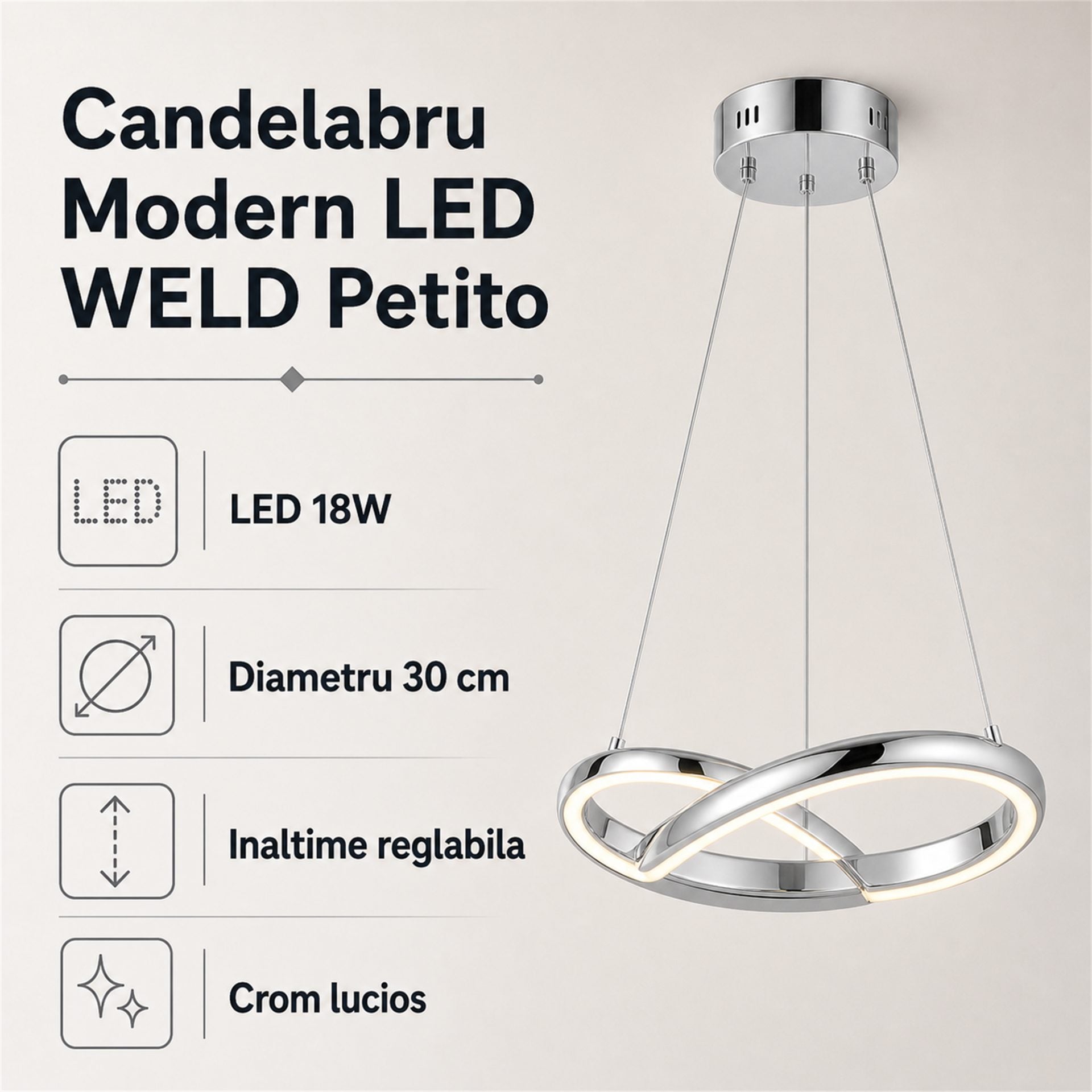 Candelabru Modern LED WELD Petito, 18W, Diametru 30cm, Inaltime Reglabila, Crom Lucios