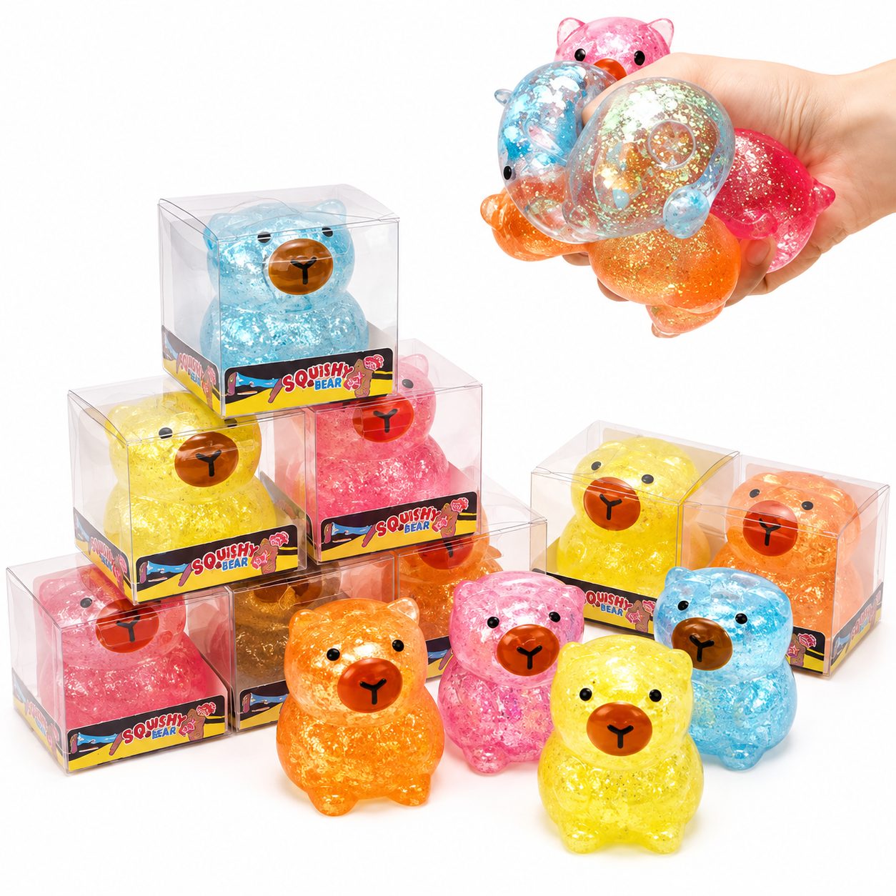 Jucarie Antistres Squishy, Model Capybara cu Sclipici, Textura Moale, 3.5 x 3.6 x 4.5 cm, Multicolor