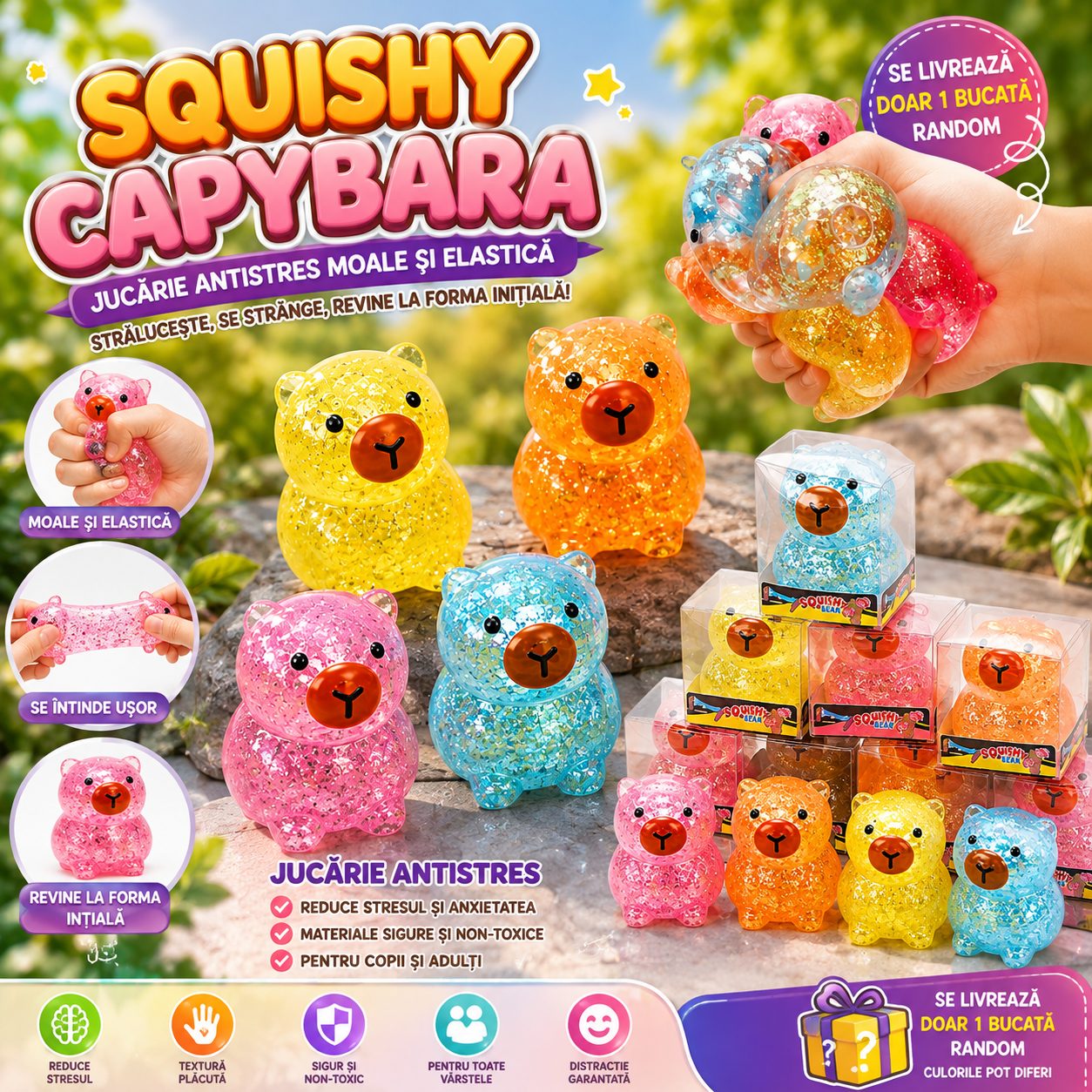 Jucarie Antistres Squishy, Model Capybara cu Sclipici, Textura Moale, 3.5 x 3.6 x 4.5 cm, Multicolor
