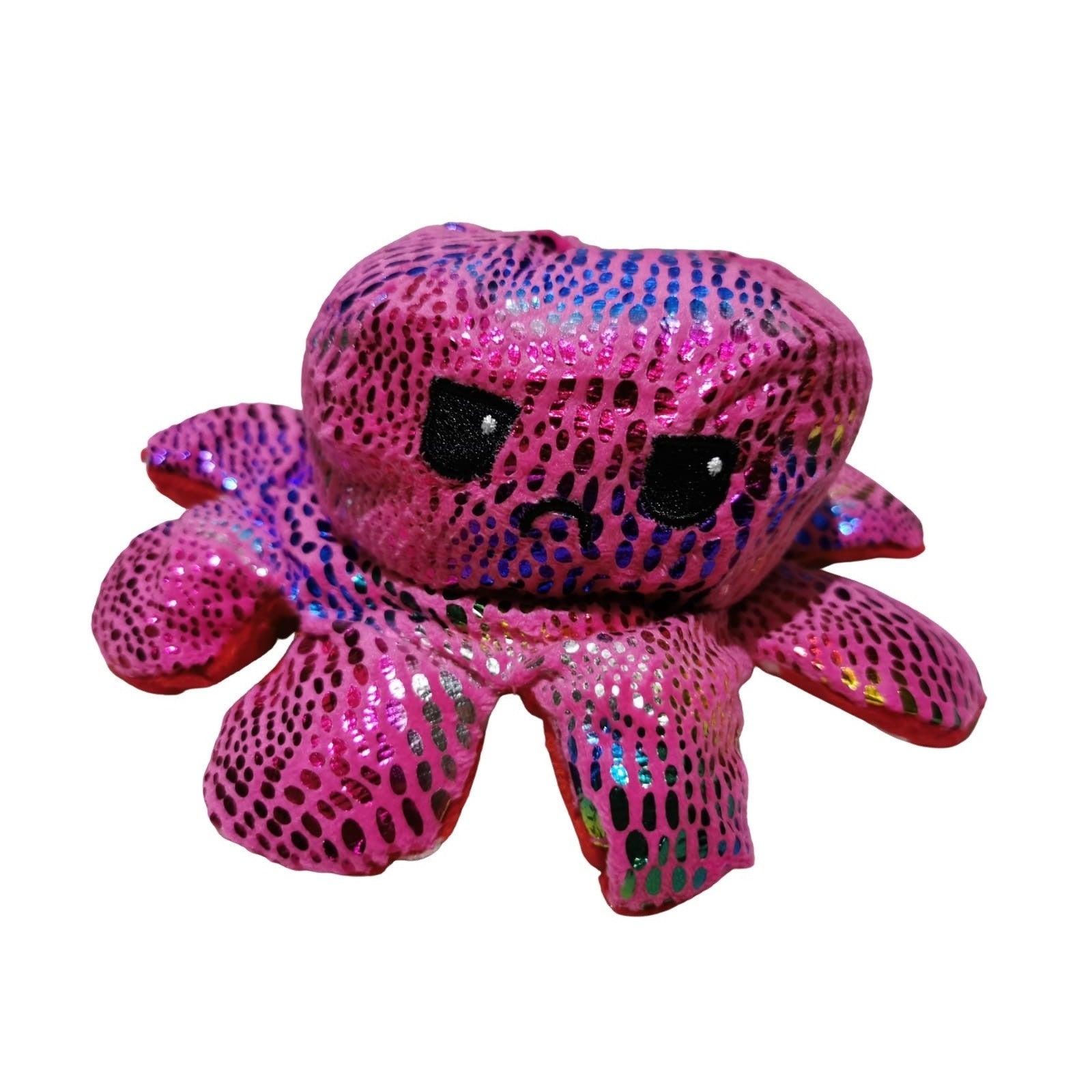 Caracatita reversibila din plus cu fata fericita si fata trista, cu bulinute, imprimeu stralucitor colorat, model 1, multicolor