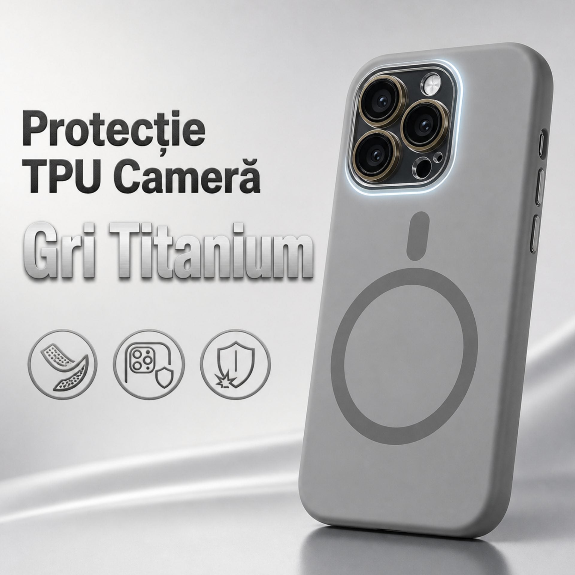 Carcasa Liquid Silicone, Compatibila iPhone 17, Magnetica, Protectie TPU Camera, Gri Titanium