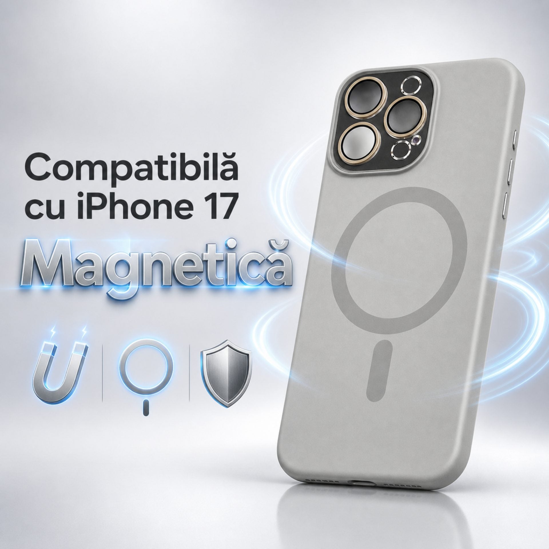 Carcasa Liquid Silicone, Compatibila iPhone 17, Magnetica, Protectie TPU Camera, Gri Titanium