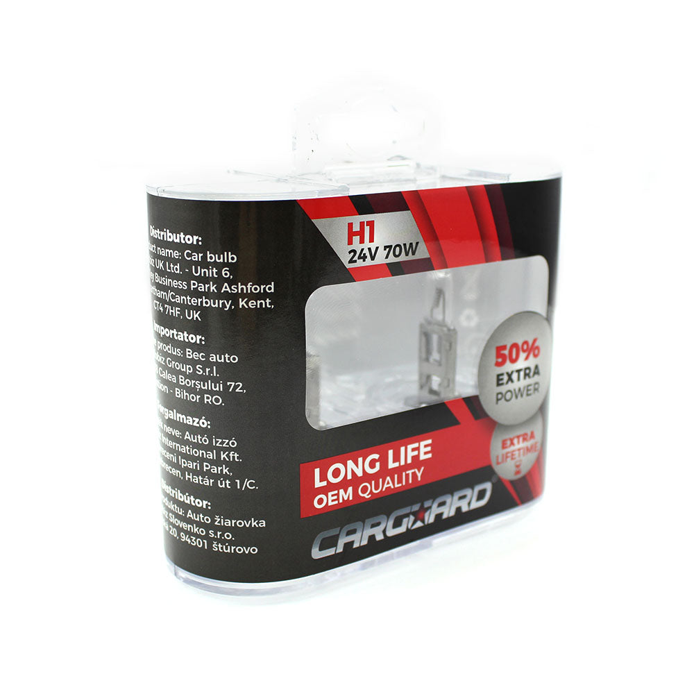 Set de 2 becuri halogen 24 V, H1, 70 W, +50% intensitate, LONG LIFE CarGuard BHA041