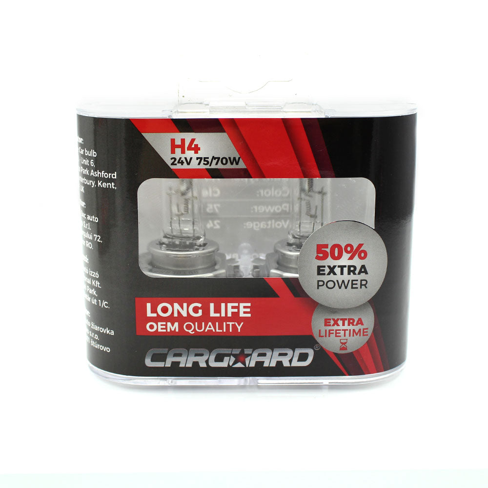 Set de 2 becuri halogen 24 V, H4, 70 W, +50% intensitate, LONG LIFE CarGuard BHA043