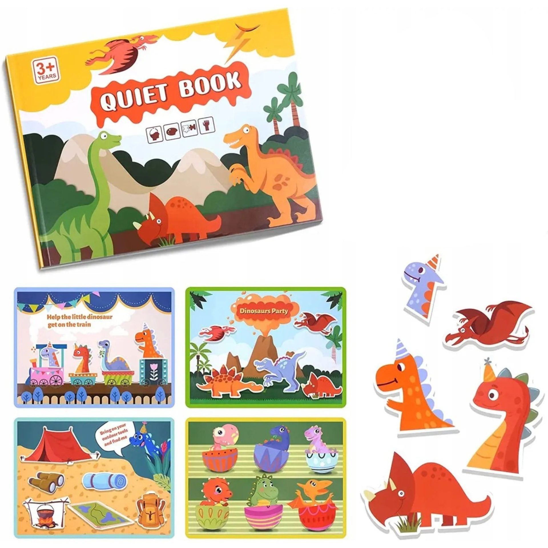 Carte Educativa cu Stickere Reutilizabile, Quiet Book Montessori, Seria Dinozaur, Pagini Interactive, 3 Ani+, Multicolor