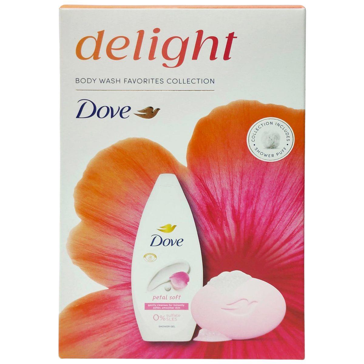 Caseta Cadou, Dove, Gel de Dus 250, Sap90, Puf Delight Petal Soft