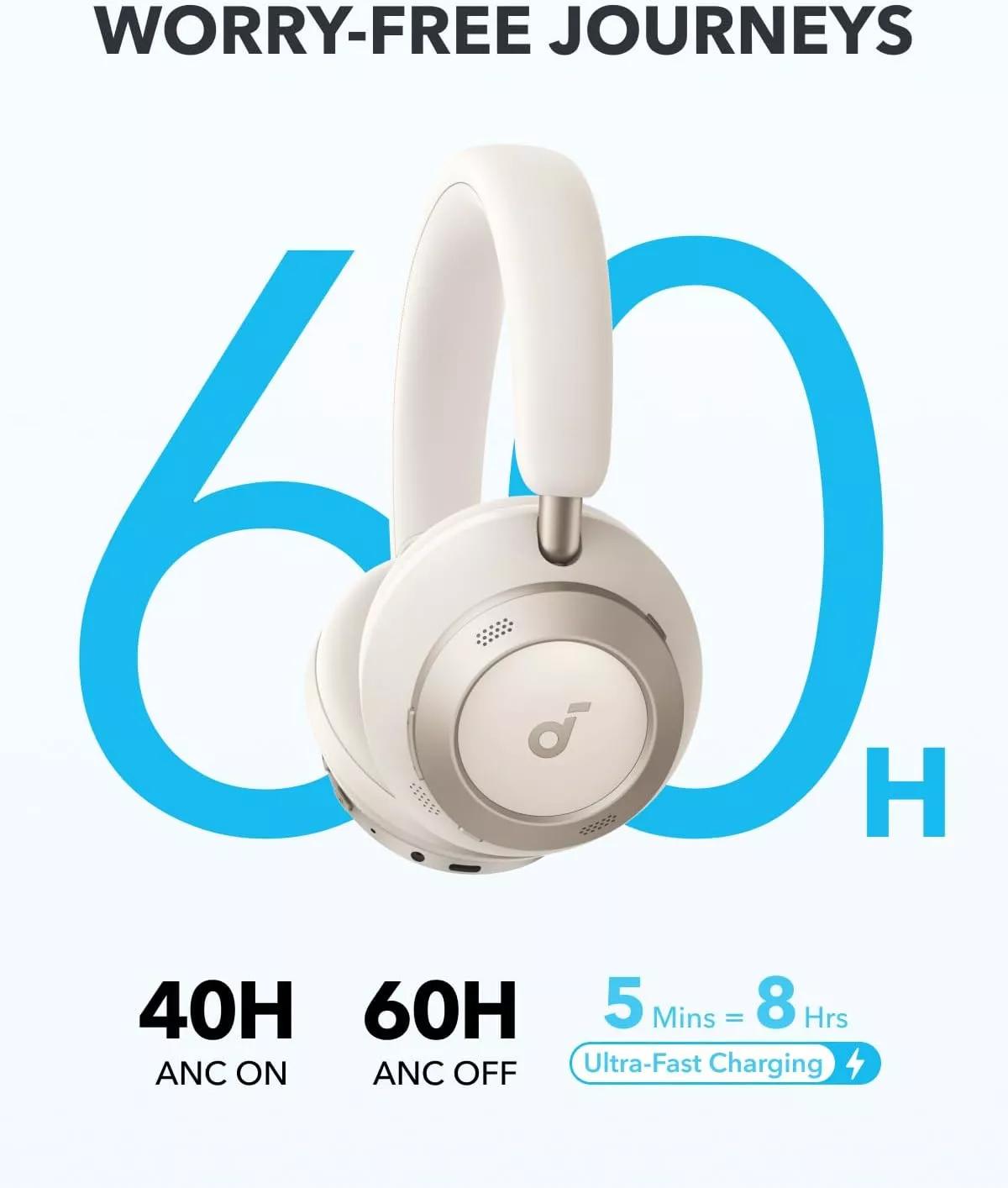 Casti Anker "Soundcore Space One Pro", Over-Ear, utilizare multimedia, Bluetooth 5.3, 4 x mic, durata baterie pana la 60 ore, pliabile, ANC, alb, "A3062G21" (timbru verde 0.18 lei) - 0194644186838