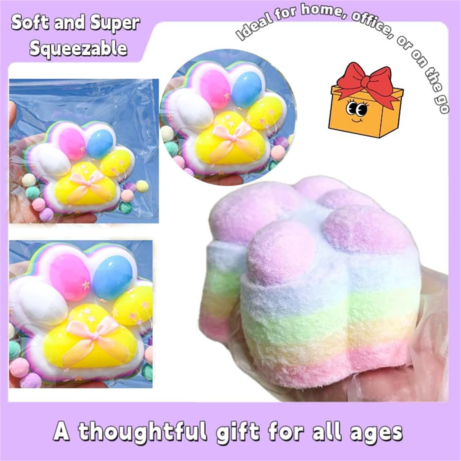 Jucarie Antistres Squishy, cu Revenire Lenta, Model Labuta de Pisica Pufoasa, 12.5x10.5 cm, 220g, Squeeze Pinch Family, Ambalaj Transparent, Roz Curcubeu