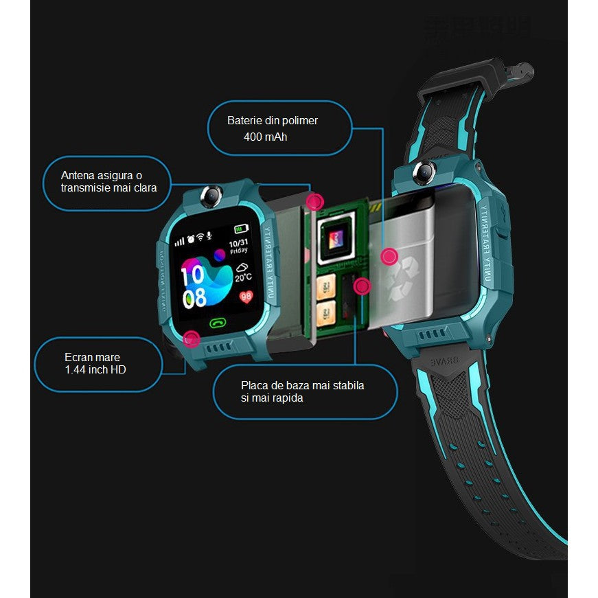 Ceas Smartwatch, Pentru Copii, Model Q19 Z6, Localizare LBS, Istoric Traseu, Monitorizare Spion, Camera Foto, Lanterna, Chat Vocal, Apel SOS, Turcoaz