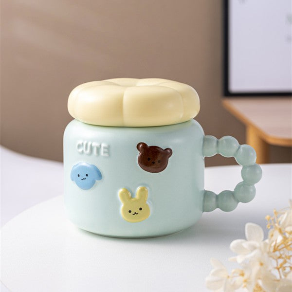 Cana pentru Copii, din Portelan, print Figurine Animalute, Model CUTE, Cana cu Capac, Ceasca pentru Cafea, Ceai, 400ml Albastru deschis