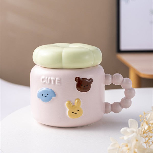 Cana pentru Copii, din Portelan, print Figurine Animalute, Model CUTE, Cana cu Capac, Ceasca pentru Cafea, Ceai, 400ml Roz