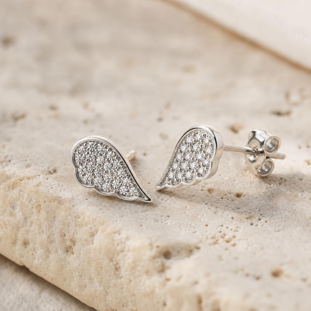 Cercei Stud din Argint 925, Model Aripi de Inger, cu Zirconii Albe, Design Elegant, Finisaj Lucios, Argintiu