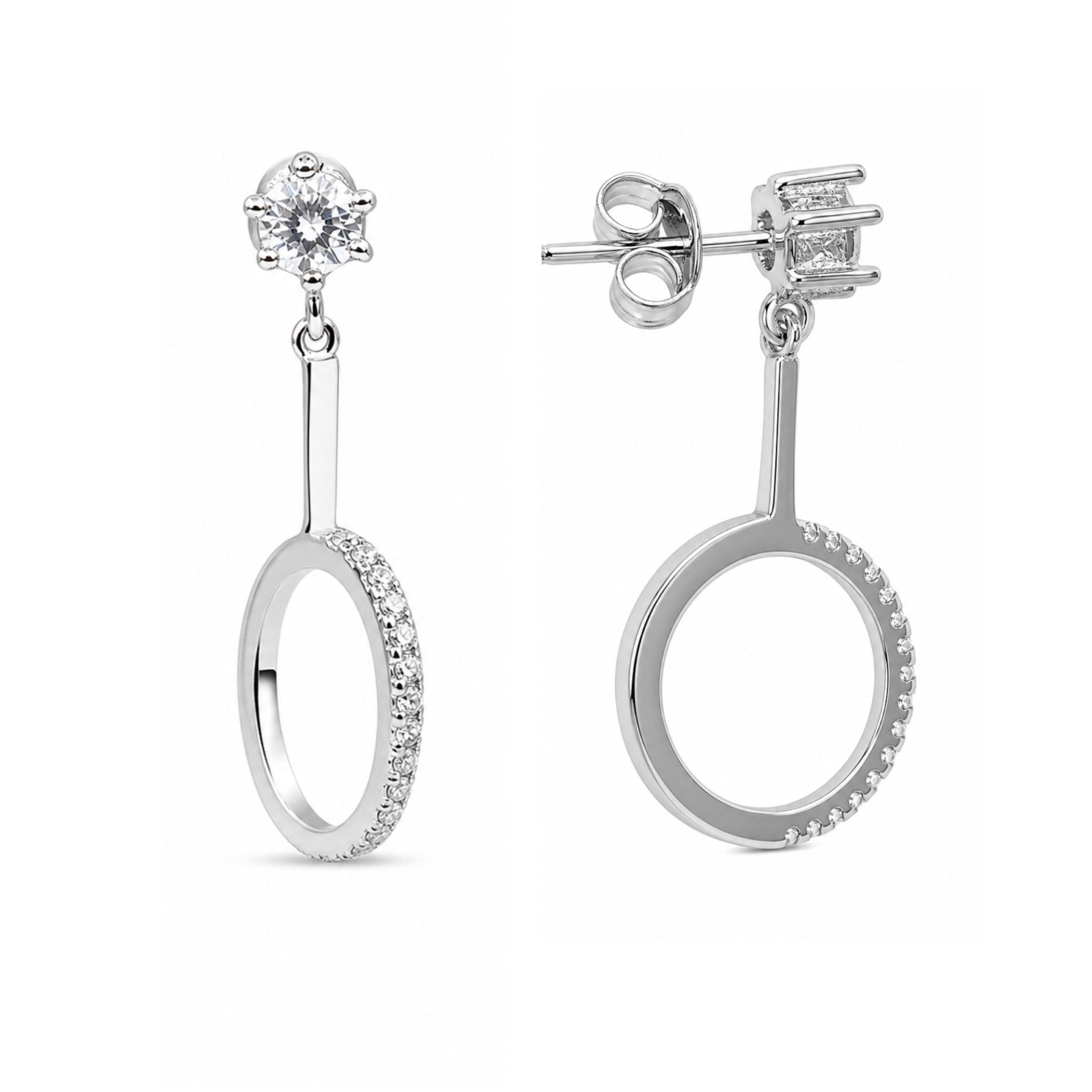 Cercei din Argint 925, Model Cerc Oval Suspendat, Piatra Rotunda la Baza si Contur Decorat cu Pietre Stralucitoare, Greutate 2.9 g, Argintiu