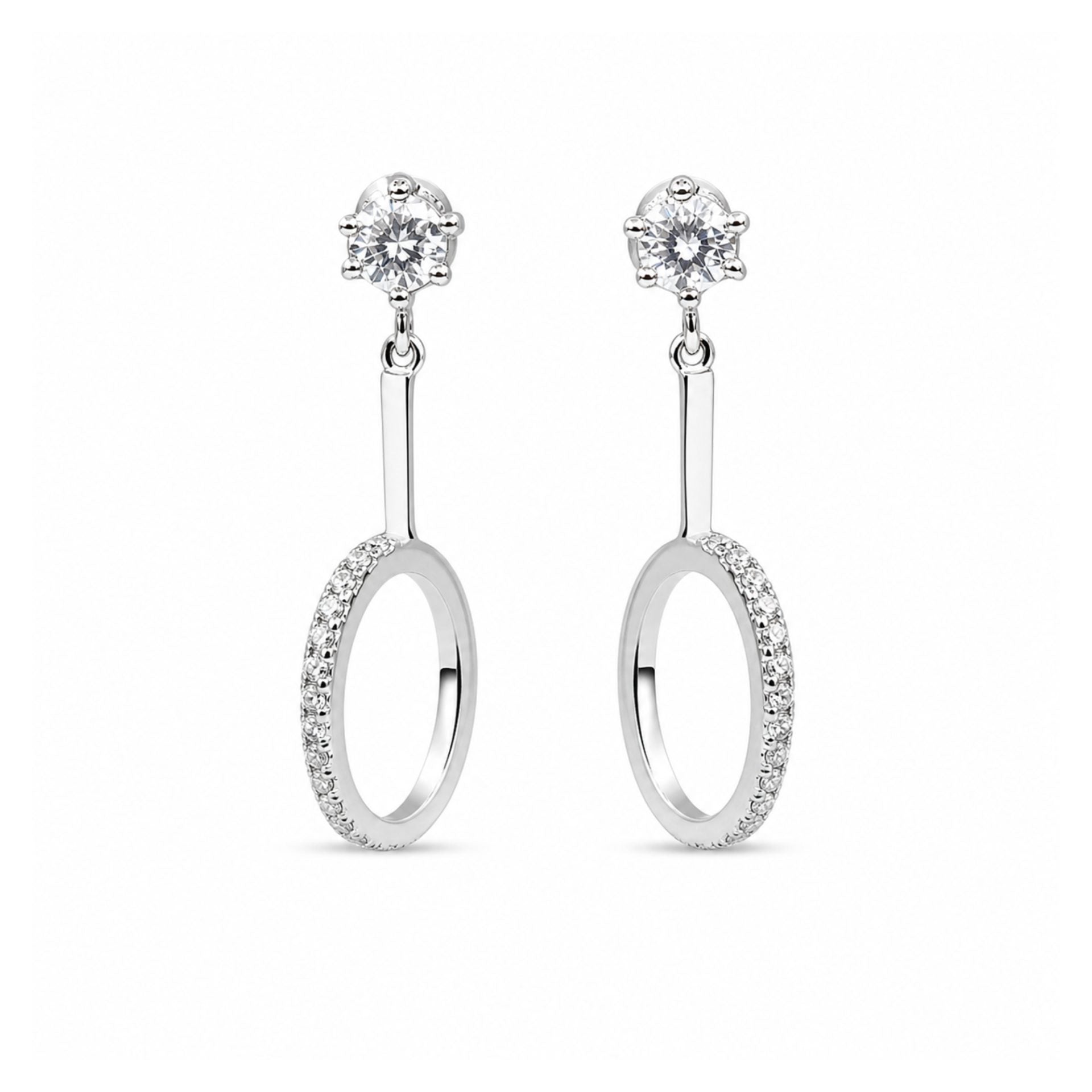 Cercei din Argint 925, Model Cerc Oval Suspendat, Piatra Rotunda la Baza si Contur Decorat cu Pietre Stralucitoare, Greutate 2.9 g, Argintiu