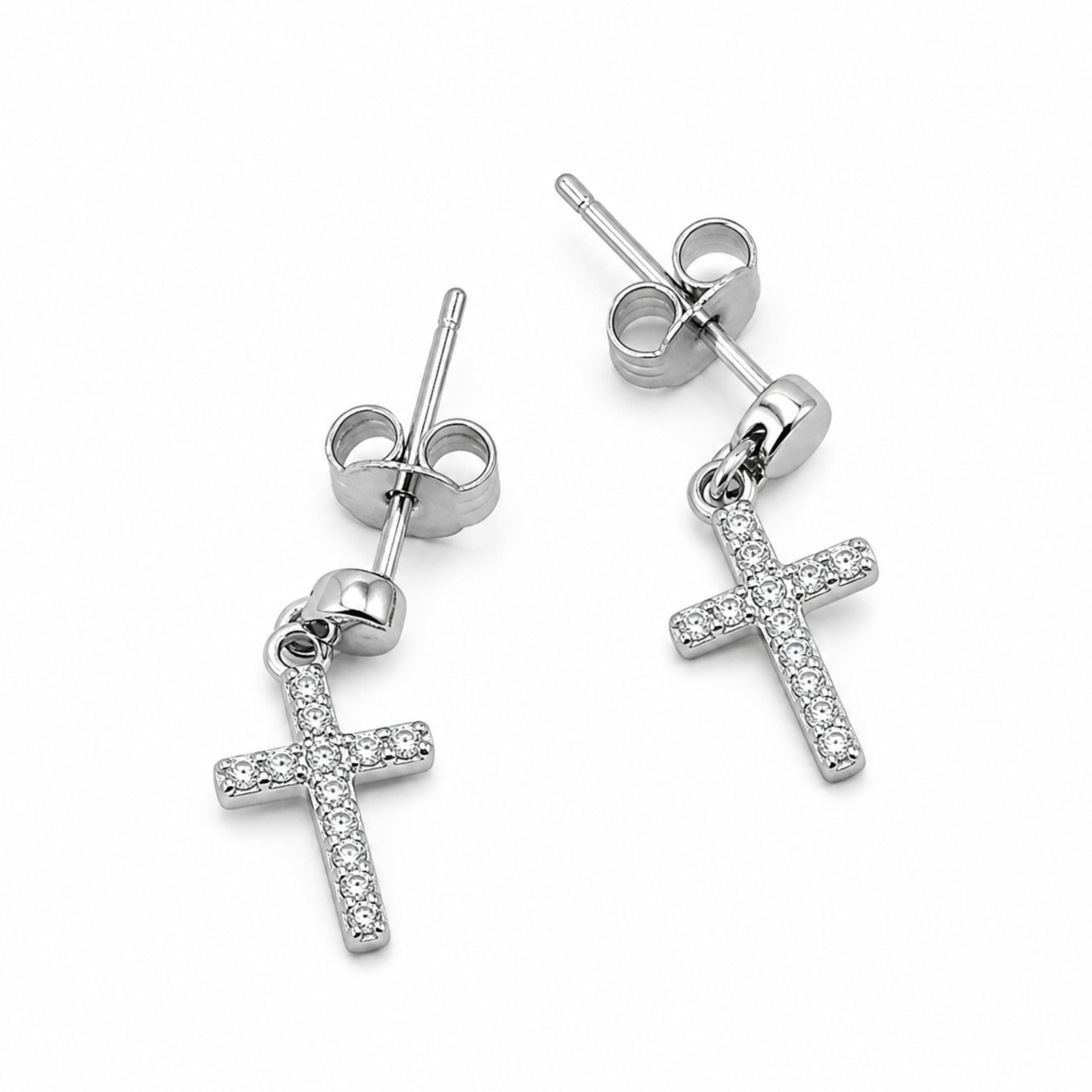 Cercei Tip Stud din Argint 925, Model Cruce Suspendata, Decor cu Pietre Stralucitoare, Sistem de Prindere cu Tija si Fluturas, Greutate 1.1 g, Argintiu