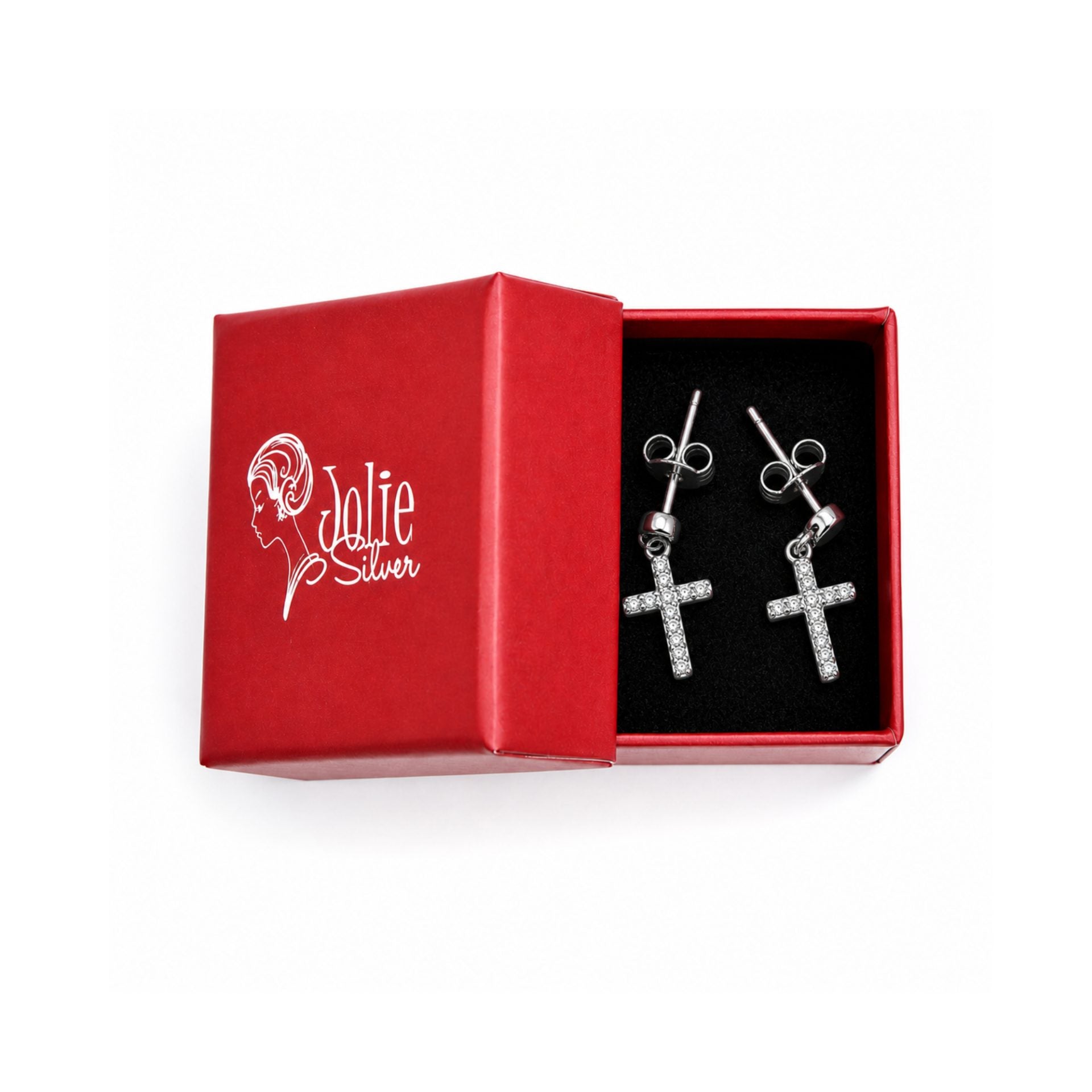 Cercei Tip Stud din Argint 925, Model Cruce Suspendata, Decor cu Pietre Stralucitoare, Sistem de Prindere cu Tija si Fluturas, Greutate 1.1 g, Argintiu