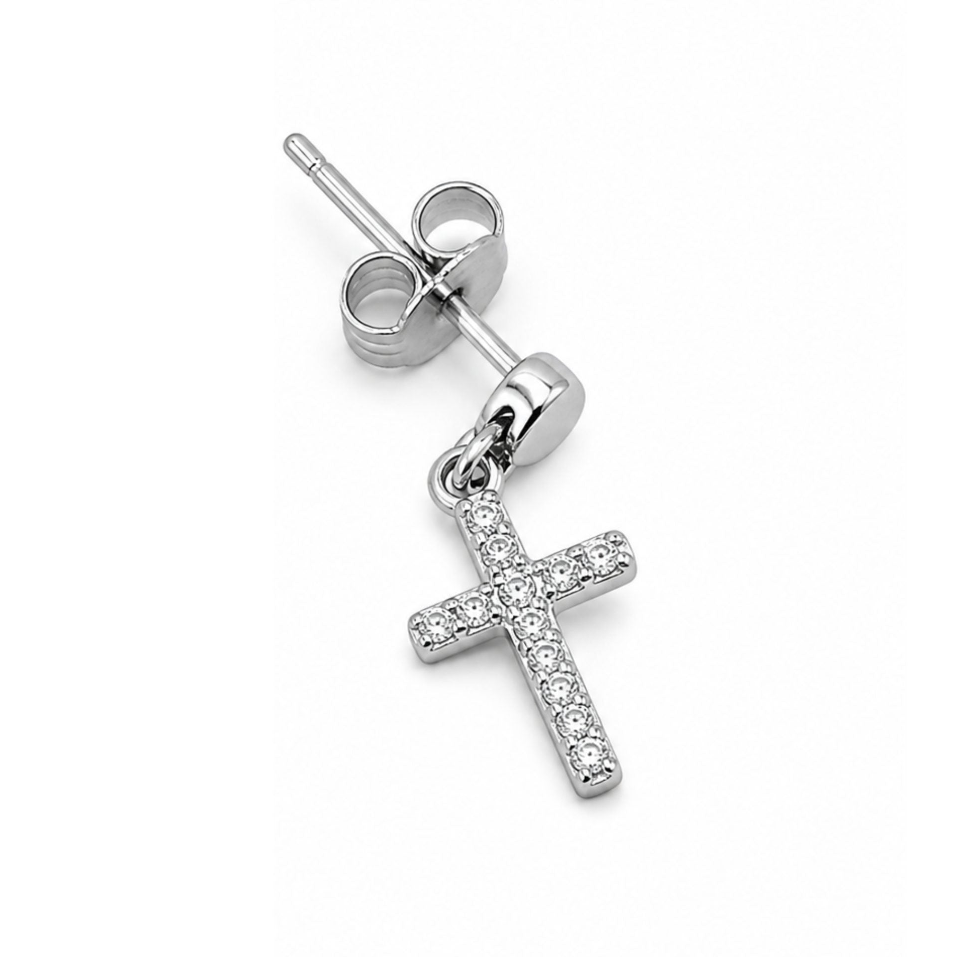 Cercei Tip Stud din Argint 925, Model Cruce Suspendata, Decor cu Pietre Stralucitoare, Sistem de Prindere cu Tija si Fluturas, Greutate 1.1 g, Argintiu