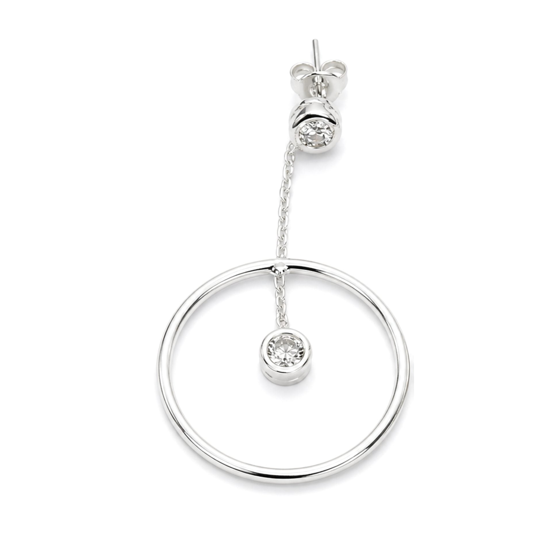 Cercei din Argint 925, Model Rotund 23 mm, Lantisor Decorativ cu Piatra Suspendata, Sistem de Prindere cu Tija si Fluturas, Argintiu