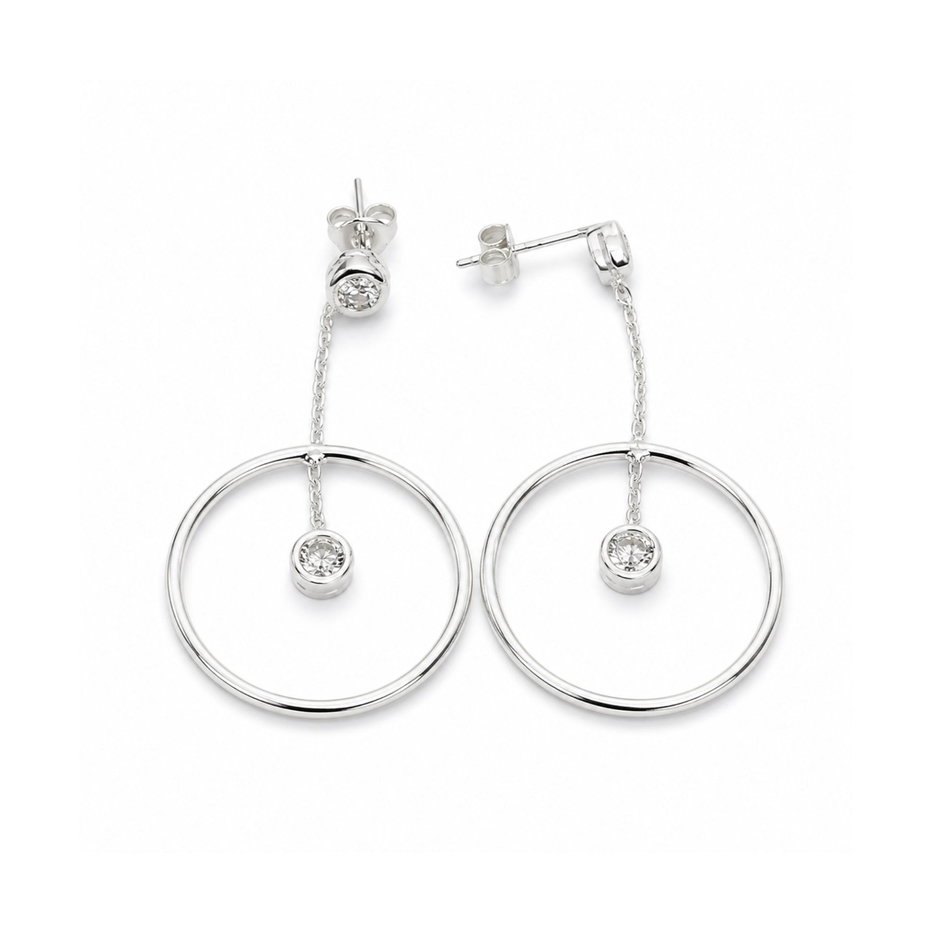Cercei din Argint 925, Model Rotund 23 mm, Lantisor Decorativ cu Piatra Suspendata, Sistem de Prindere cu Tija si Fluturas, Argintiu