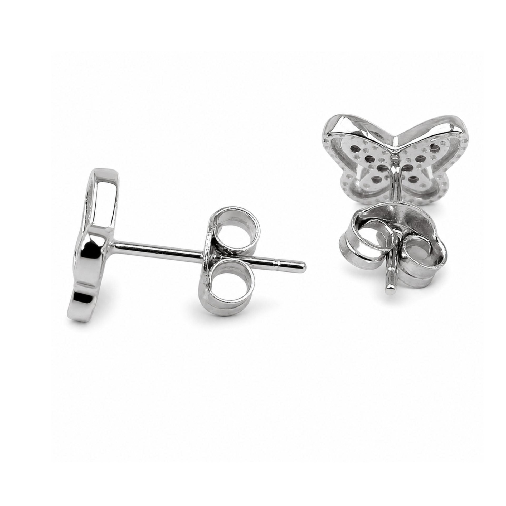 Cercei Tip Stud din Argint 925, Model Fluturaș cu Zirconii Albe, Finisaj Lucios, 1,1 g, Argintiu
