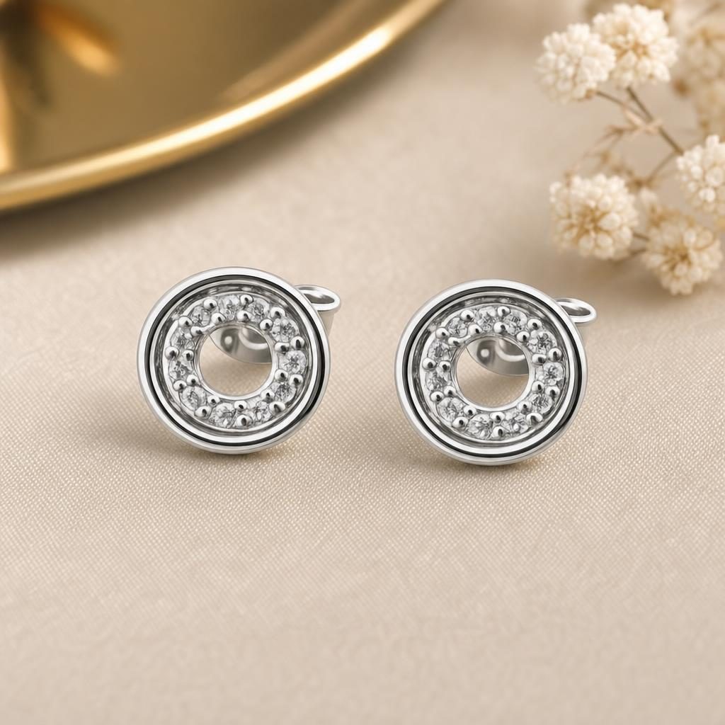 Cercei Damă din Argint 925, Model Rotund Dublu cu Zirconii, Design Elegant și Strălucitor, Greutate 1.3g, Argintiu