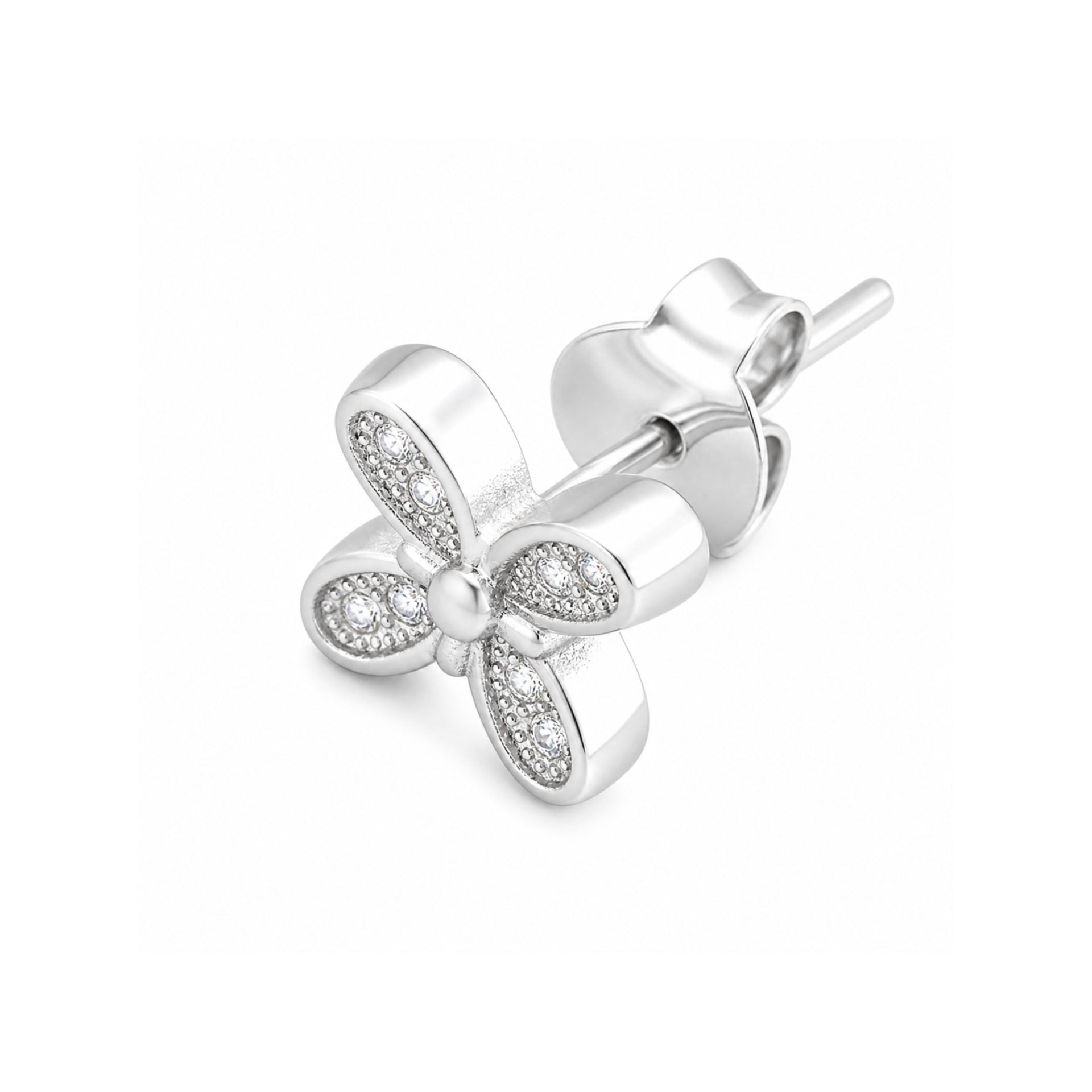 Cercei Tip Stud din Argint 925, Model Fluture cu Aripi Decorate cu Pietre Stralucitoare, Sistem de Prindere cu Tija si Fluturas, Argintiu
